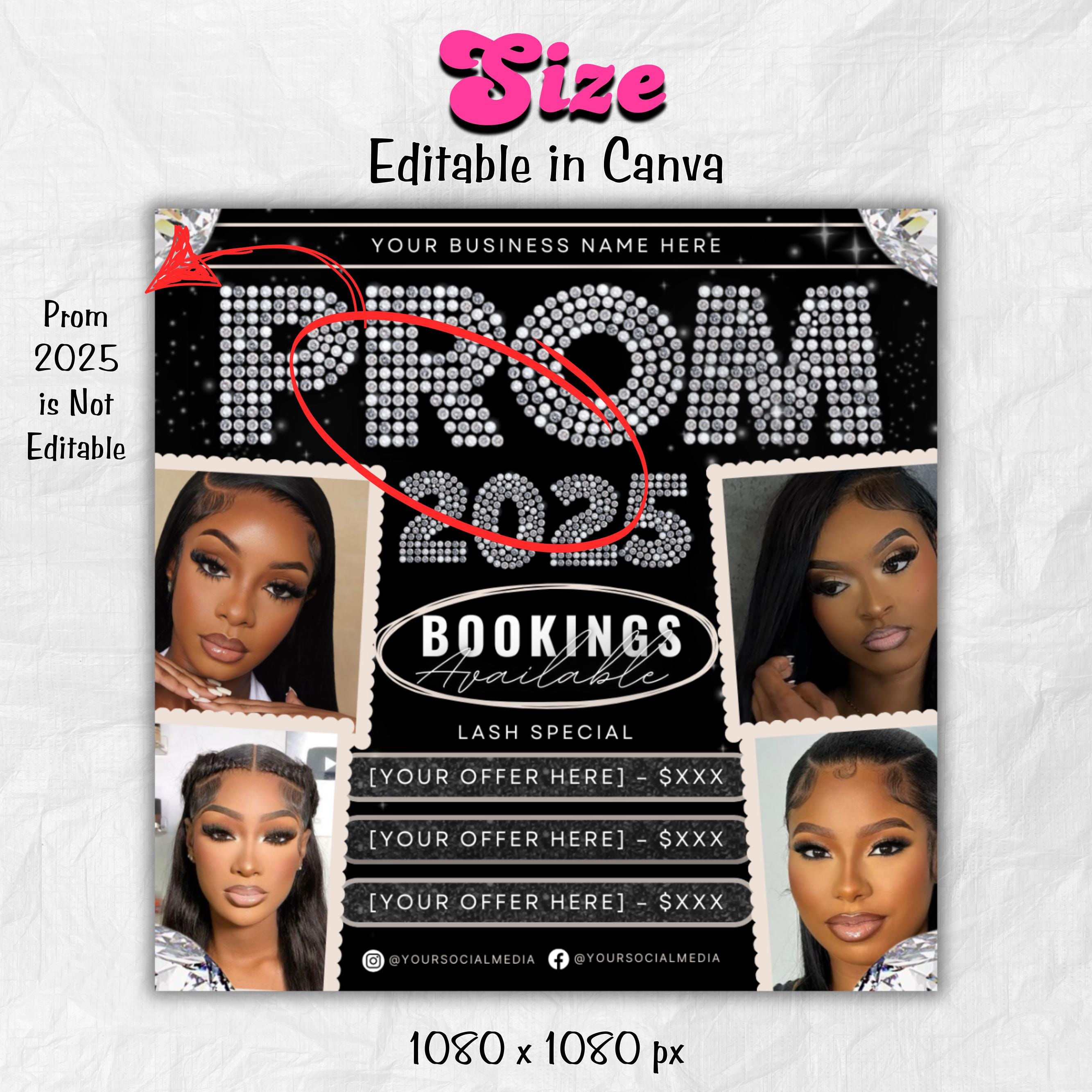 Prom Bookings Flyer, Prom Hair Flyer, Prom Queen MUA Flyer, Prom Flyer, Prom Hairstylist Nails Lashes Makeup MUA Flyer Braids Flyer Canva
