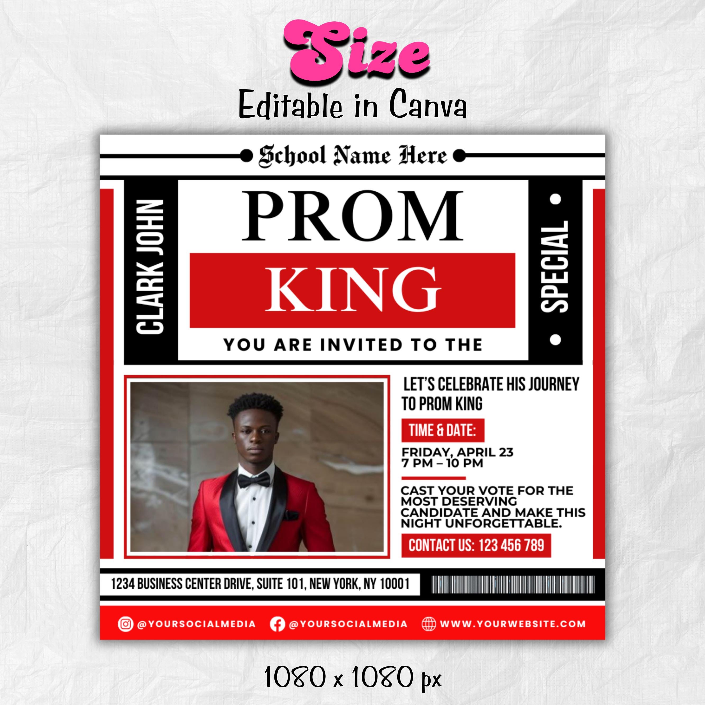 Vote for Prom King Flyer, Prom Send Off Flyer, Prom Invitation Flyer, Prom King Flyer, Graduation Flyer, Prom King Template, Canva Template