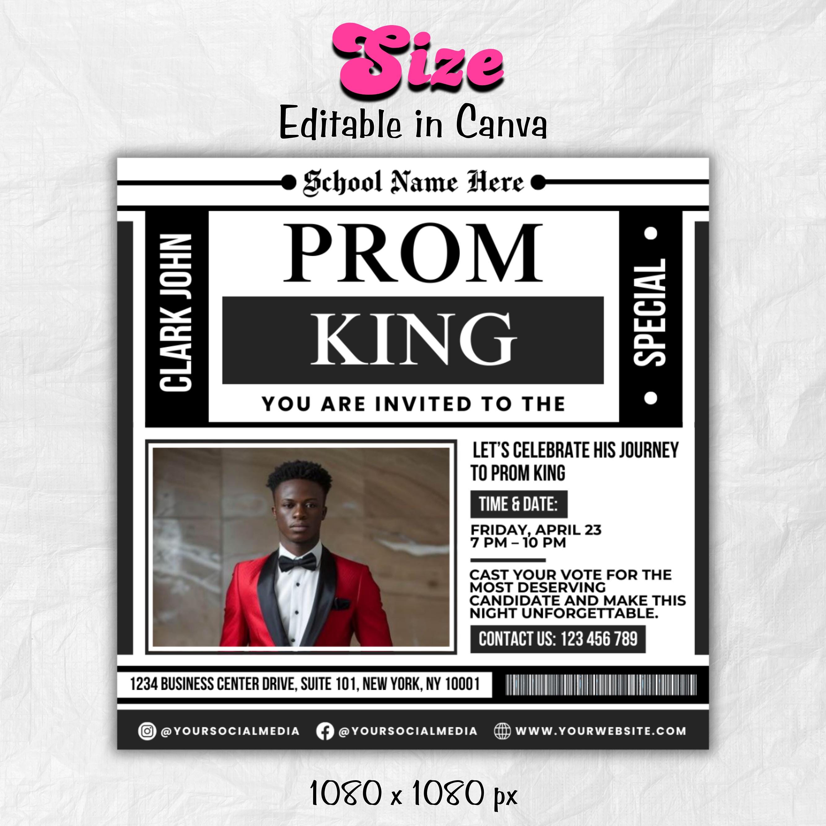 Vote for Prom King Flyer, Prom Send Off Flyer, Prom Invitation Flyer, Prom King Flyer, Graduation Flyer, Prom King Template, Canva Template
