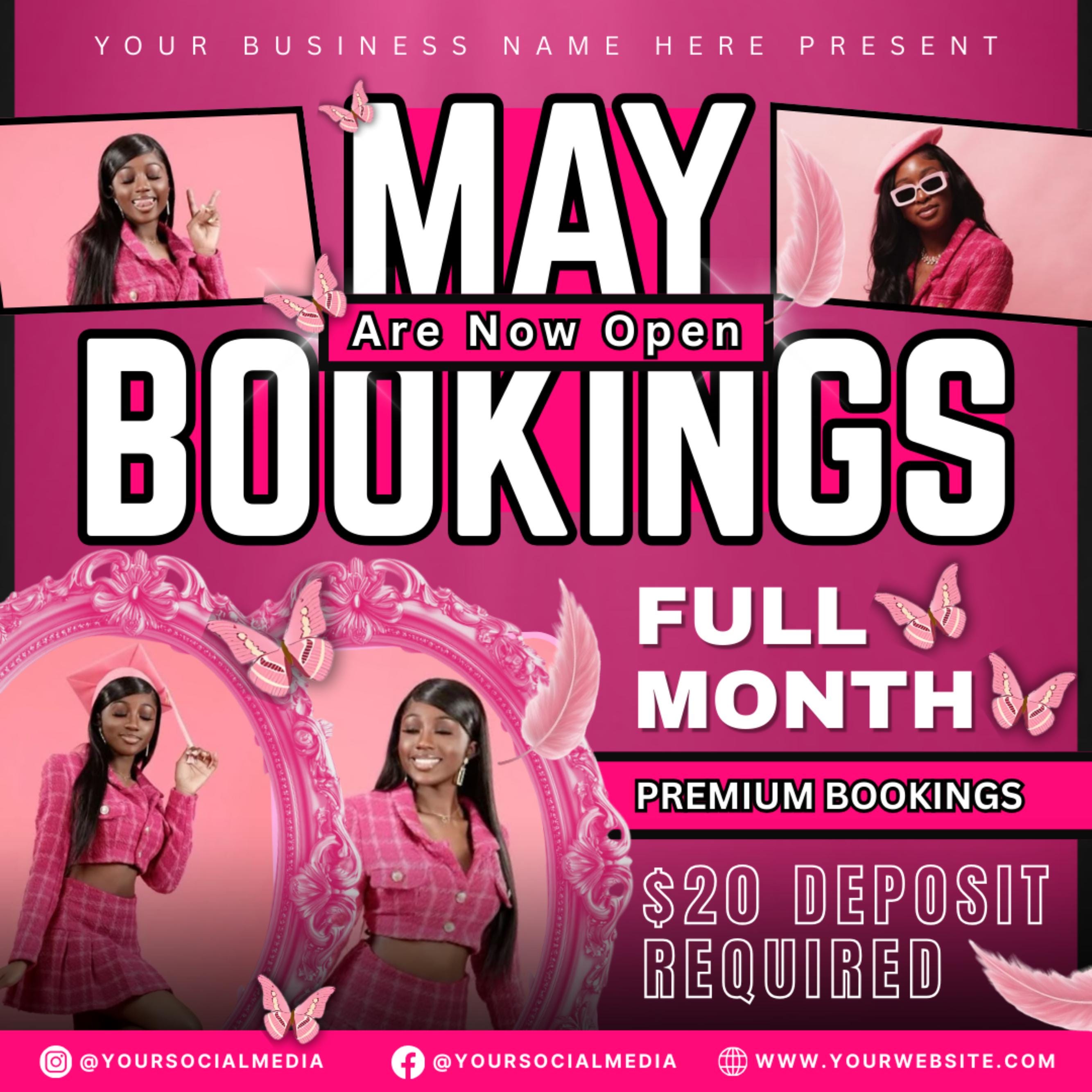 May Bookings Flyer, Mothers day Bookings, Appointments Available, Salon Book Now Hair Lashes MUA, Social Media Flyer,Editable Canva Template