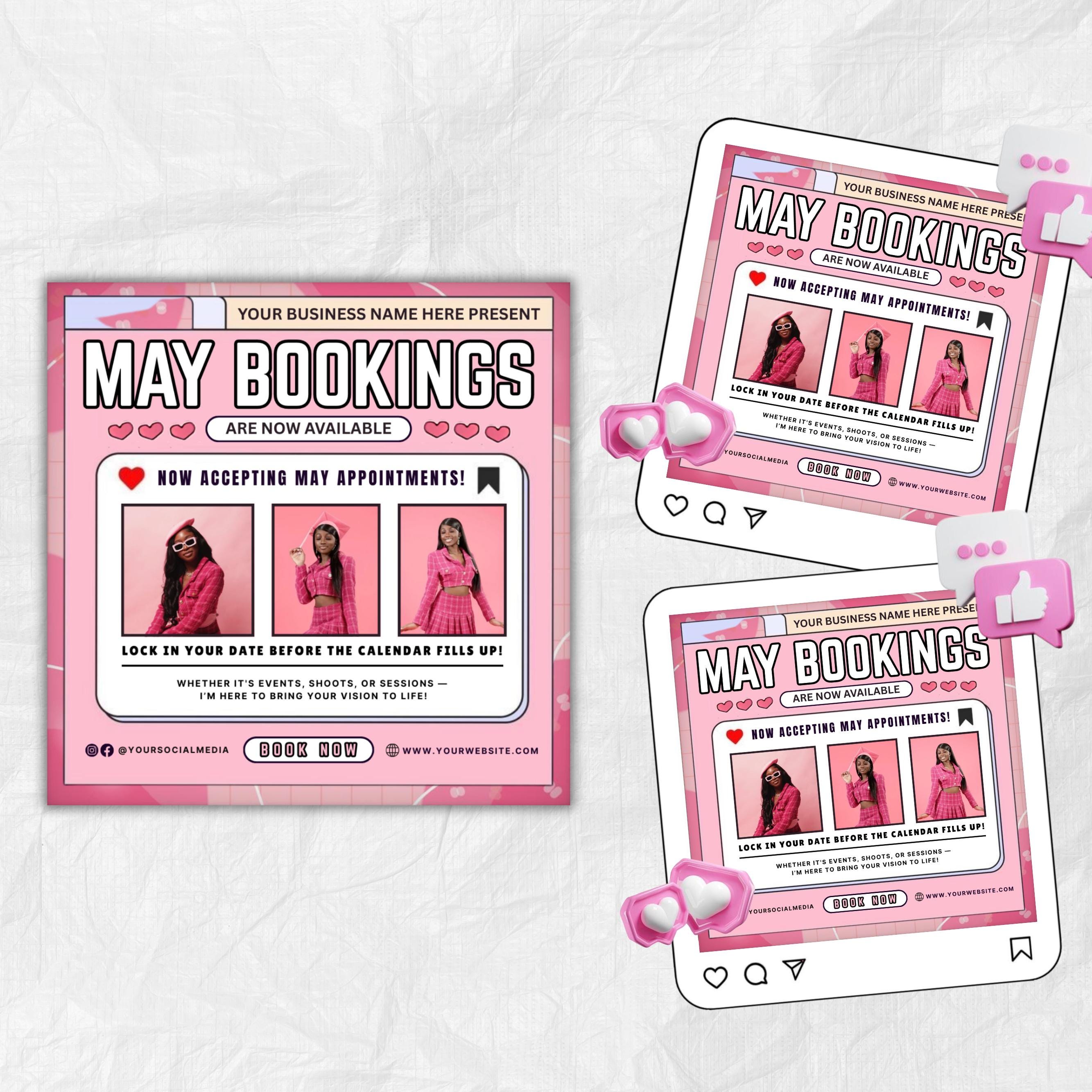 May Bookings Flyer, Mothers day Bookings, Appointments Available, Salon Book Now Hair Lashes MUA, Social Media Flyer,Editable Canva Template