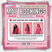 May Bookings Flyer, Mothers day Bookings, Appointments Available, Salon Book Now Hair Lashes MUA, Social Media Flyer,Editable Canva Template