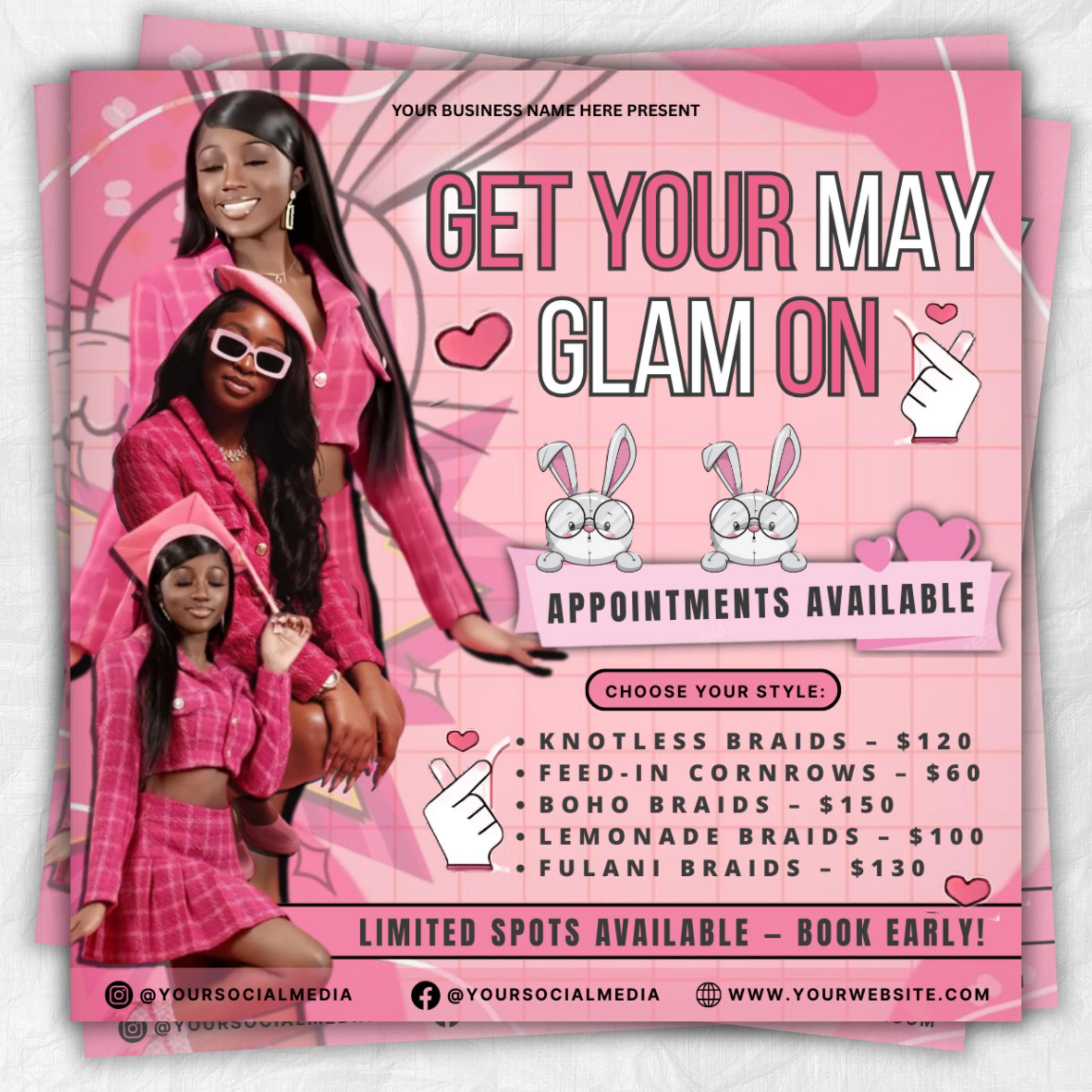 May Bookings Flyer, Mothers day Bookings, Appointments Available, Salon Book Now Hair Lashes MUA, Social Media Flyer,Editable Canva Template