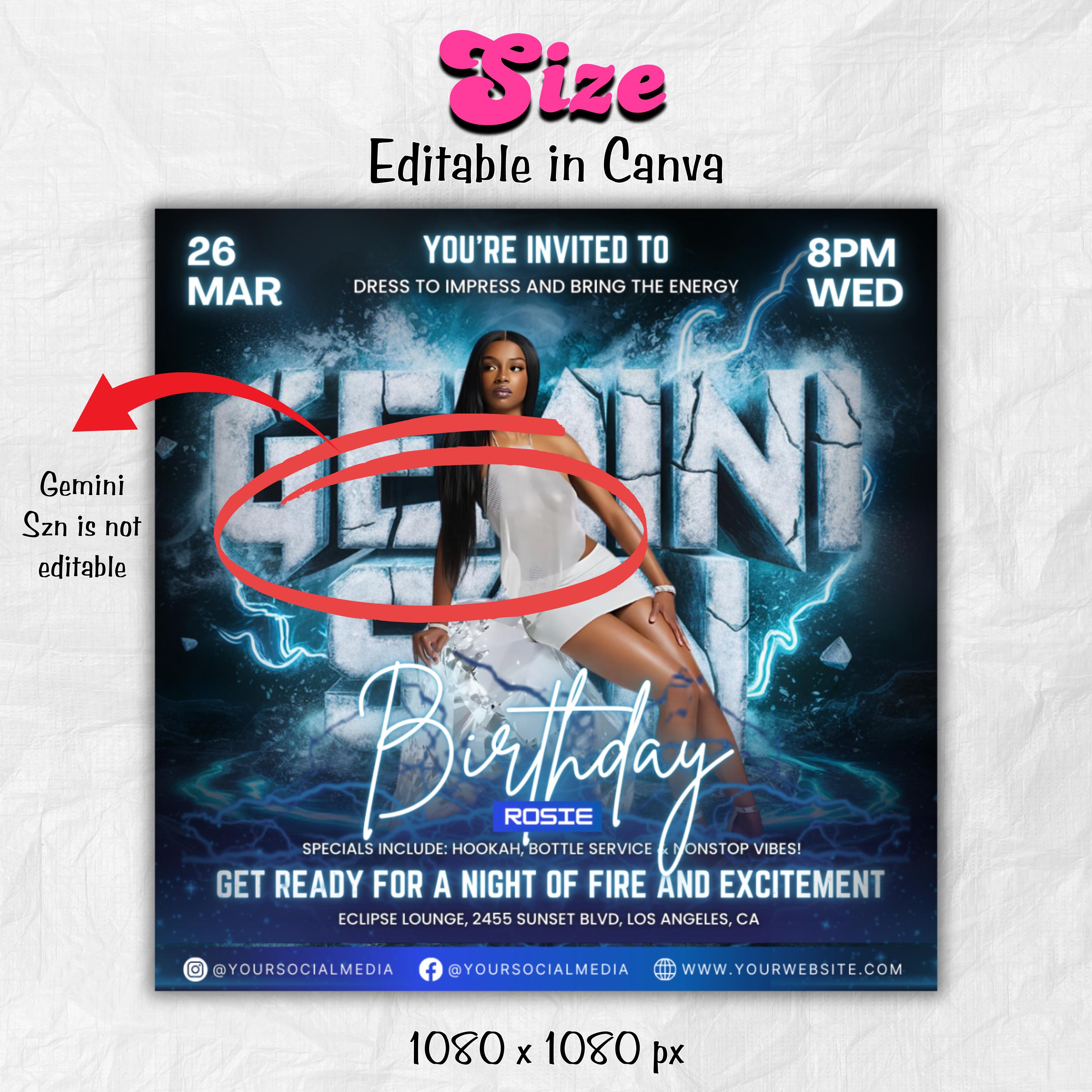 Gemini Season Party Flyer, Birthday Szn Flyer, Gemini Invitation Flyer, Gemini Birthday Event, Social Media Flyer, Premade Flyer Template
