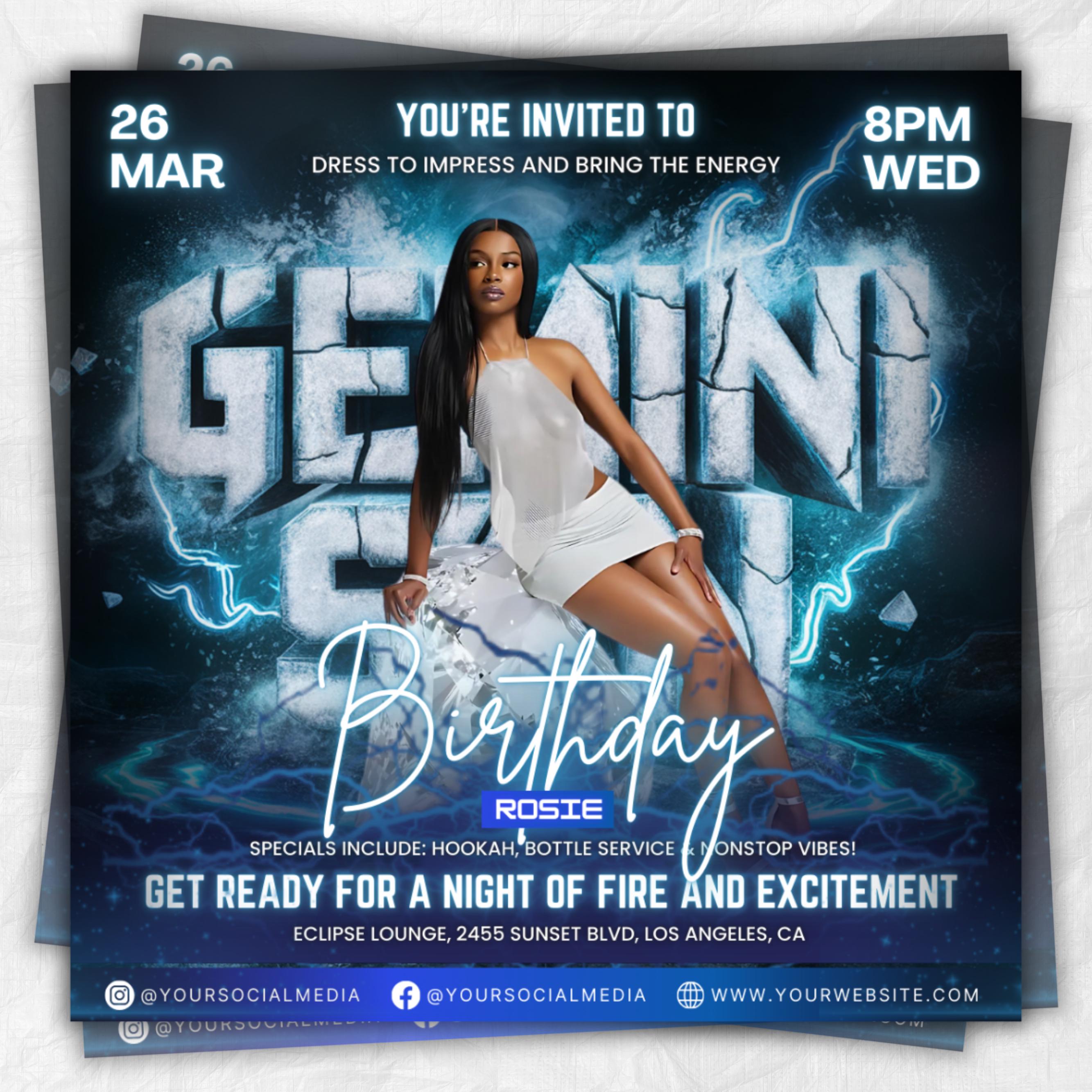 Gemini Season Party Flyer, Birthday Szn Flyer, Gemini Invitation Flyer, Gemini Birthday Event, Social Media Flyer, Premade Flyer Template