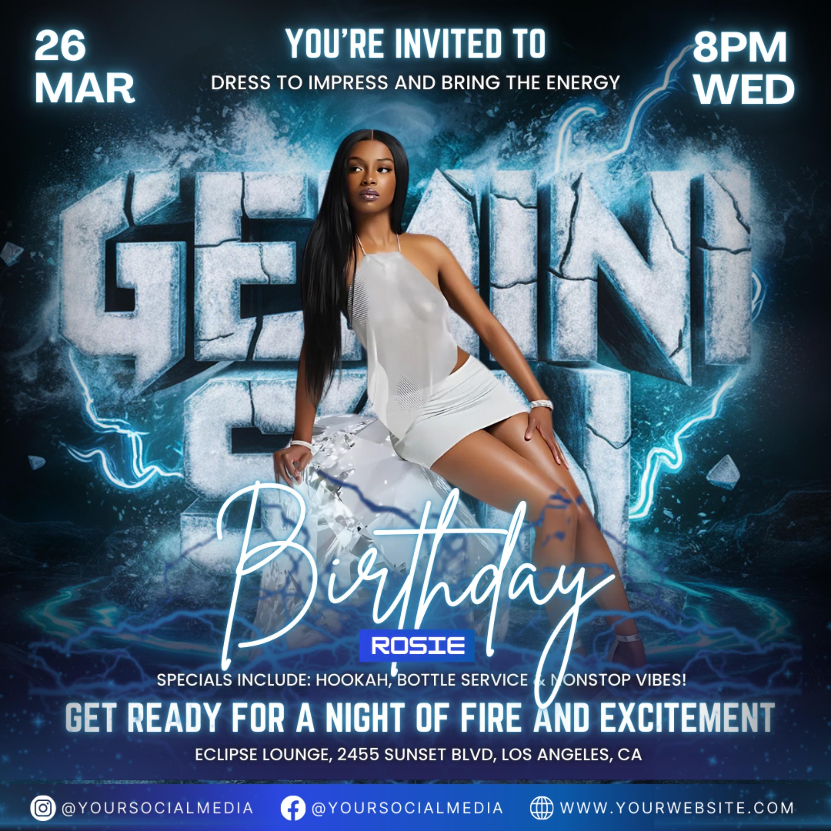 Gemini Season Party Flyer, Birthday Szn Flyer, Gemini Invitation Flyer, Gemini Birthday Event, Social Media Flyer, Premade Flyer Template