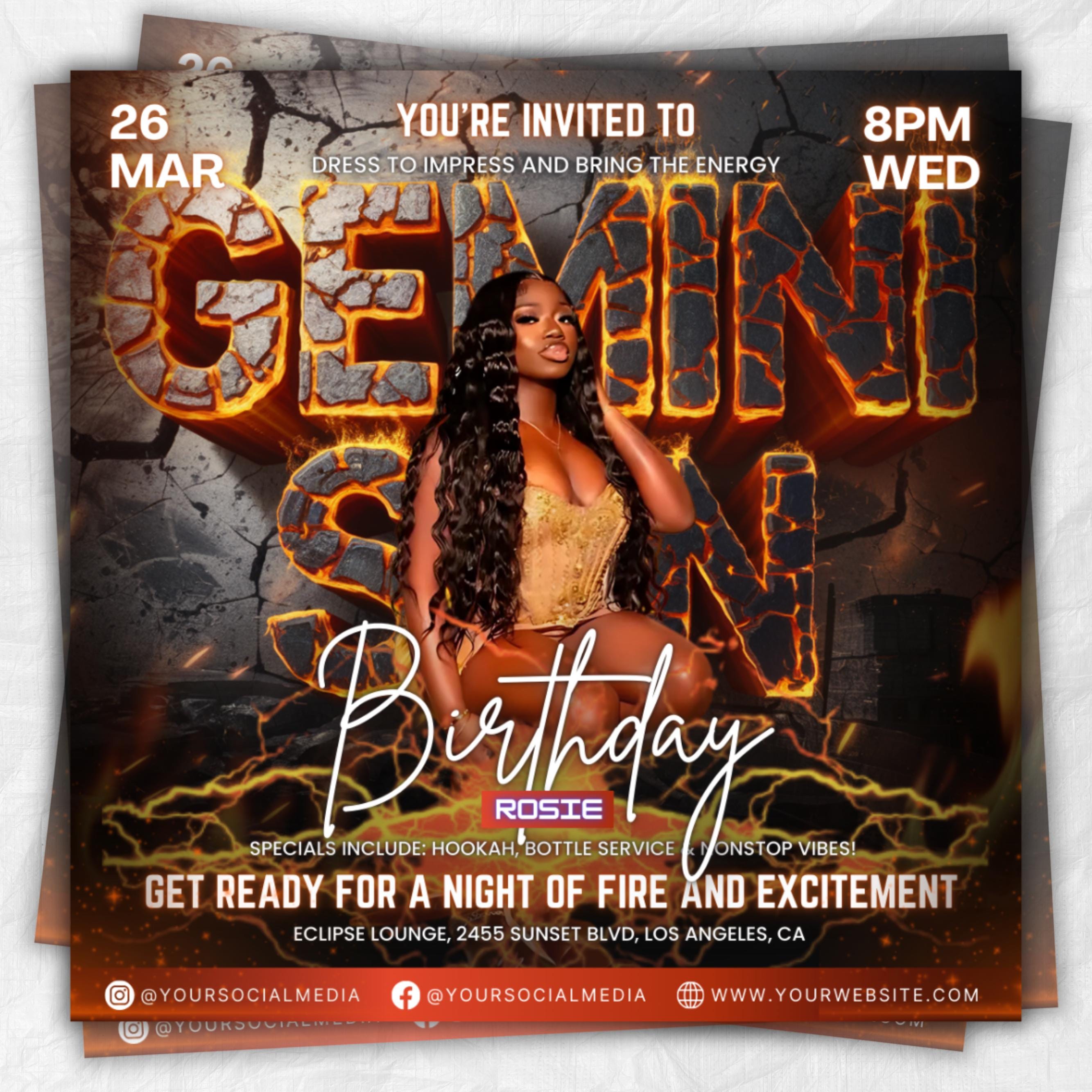 Gemini Season Party Flyer, Birthday Szn Flyer, Gemini Invitation Flyer, Gemini Birthday Event, Social Media Flyer, Premade Flyer Template