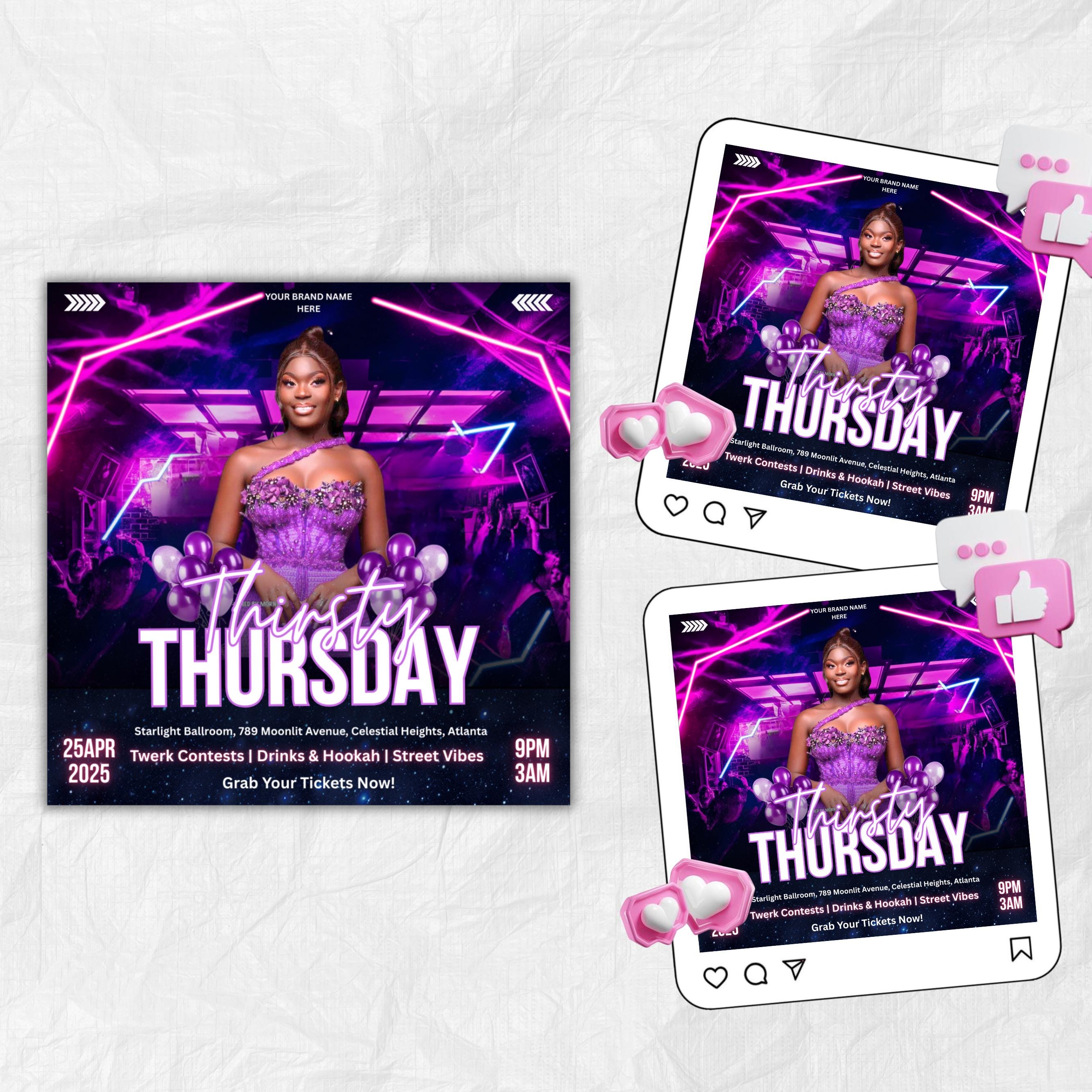 Thirsty Thursday Party Flyer, Editable Thursdays Party Flyer, Thursday Nightclub Flyer, Social Media Flyer, Canva Template, Instant Download