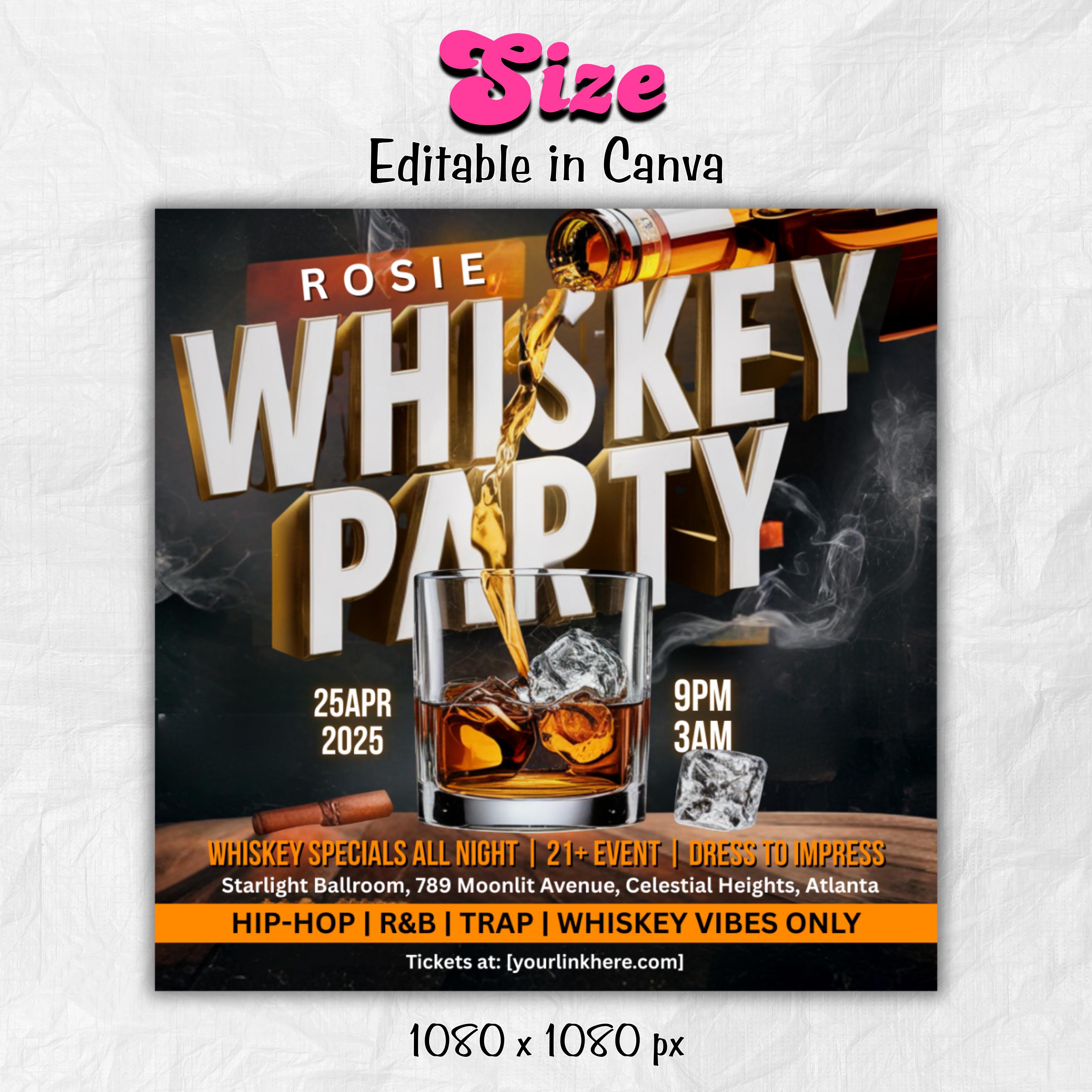 Whiskey Party Flyer, Night Club Flyer, DJ Party Invitation, Drink Party Flyer, Saturday party, Canva Editable Template, Instant Download