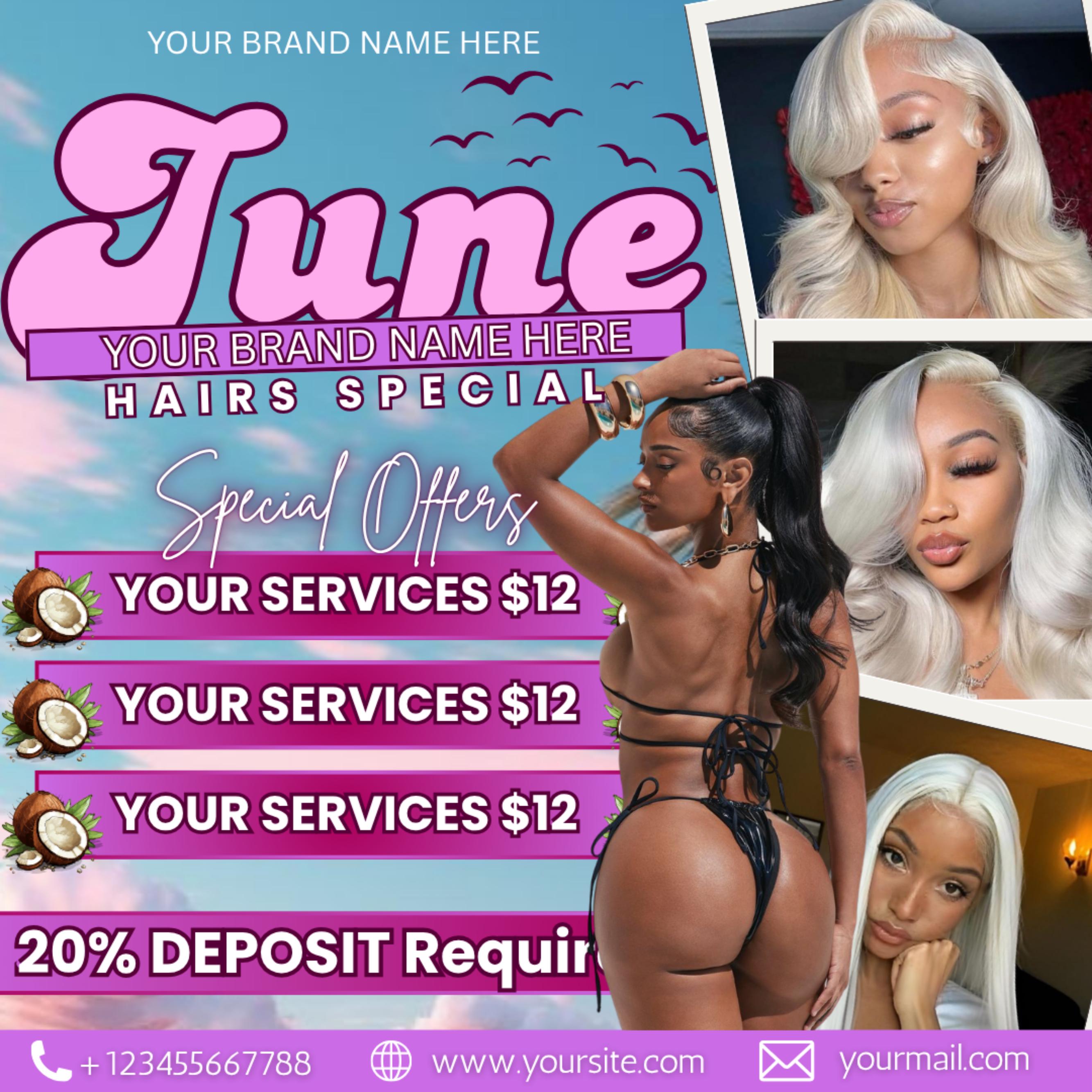 June Booking Flyer, Summer Booking Flyer, June Appointments Available, Summer Sale, Beauty Hair Lashes Wigs Make Up Nails, Canva Editable