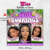 June Booking Flyer, Summer Booking Flyer, June Appointments Available, Summer Sale, Beauty Hair Lashes Wigs Make Up Nails, Canva Editable