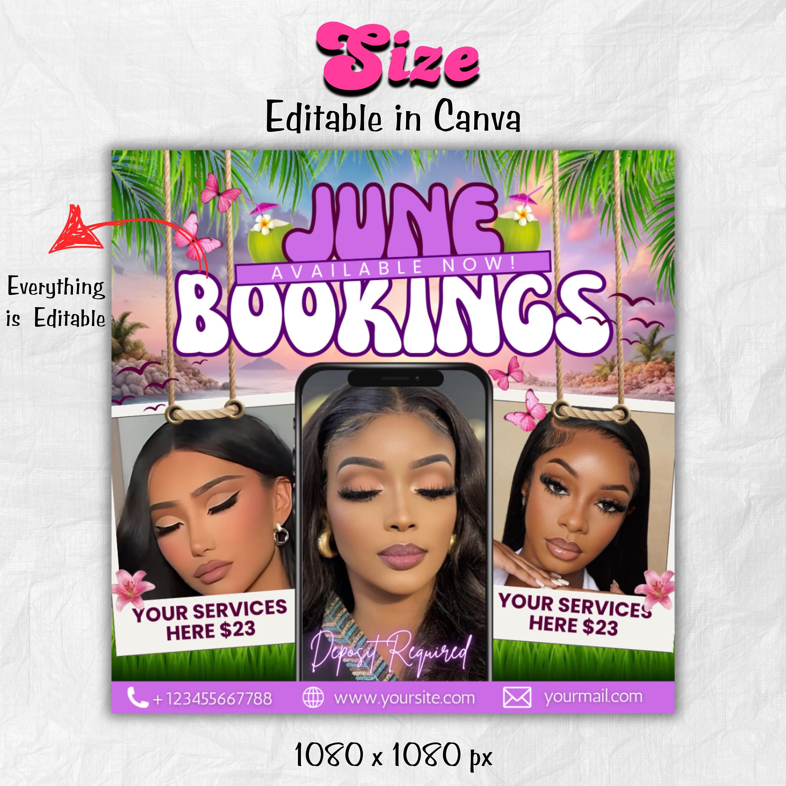 June Booking Flyer, Summer Booking Flyer, June Appointments Available, Summer Sale, Beauty Hair Lashes Wigs Make Up Nails, Canva Editable