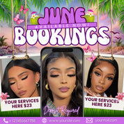 June Booking Flyer, Summer Booking Flyer, June Appointments Available, Summer Sale, Beauty Hair Lashes Wigs Make Up Nails, Canva Editable