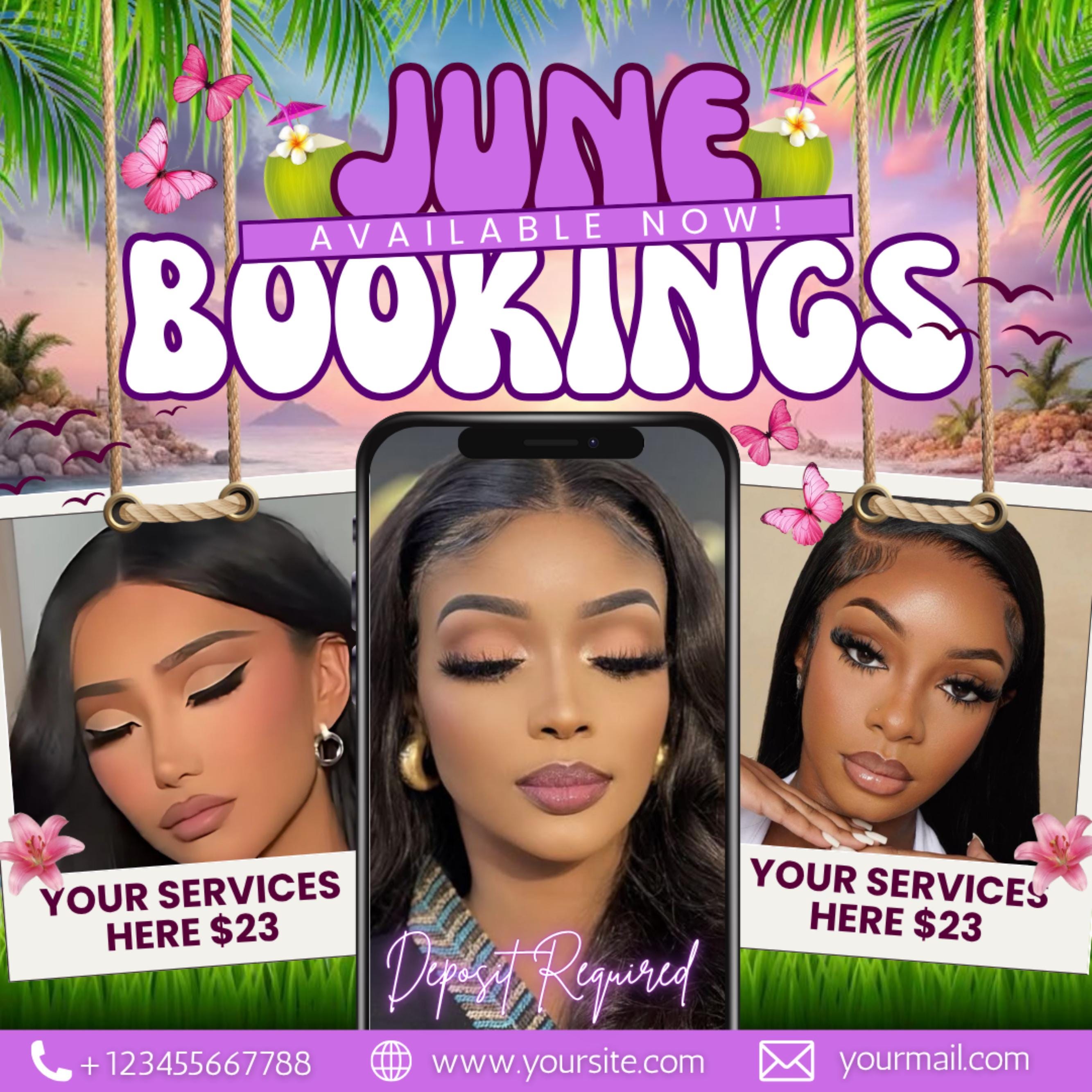 June Booking Flyer, Summer Booking Flyer, June Appointments Available, Summer Sale, Beauty Hair Lashes Wigs Make Up Nails, Canva Editable