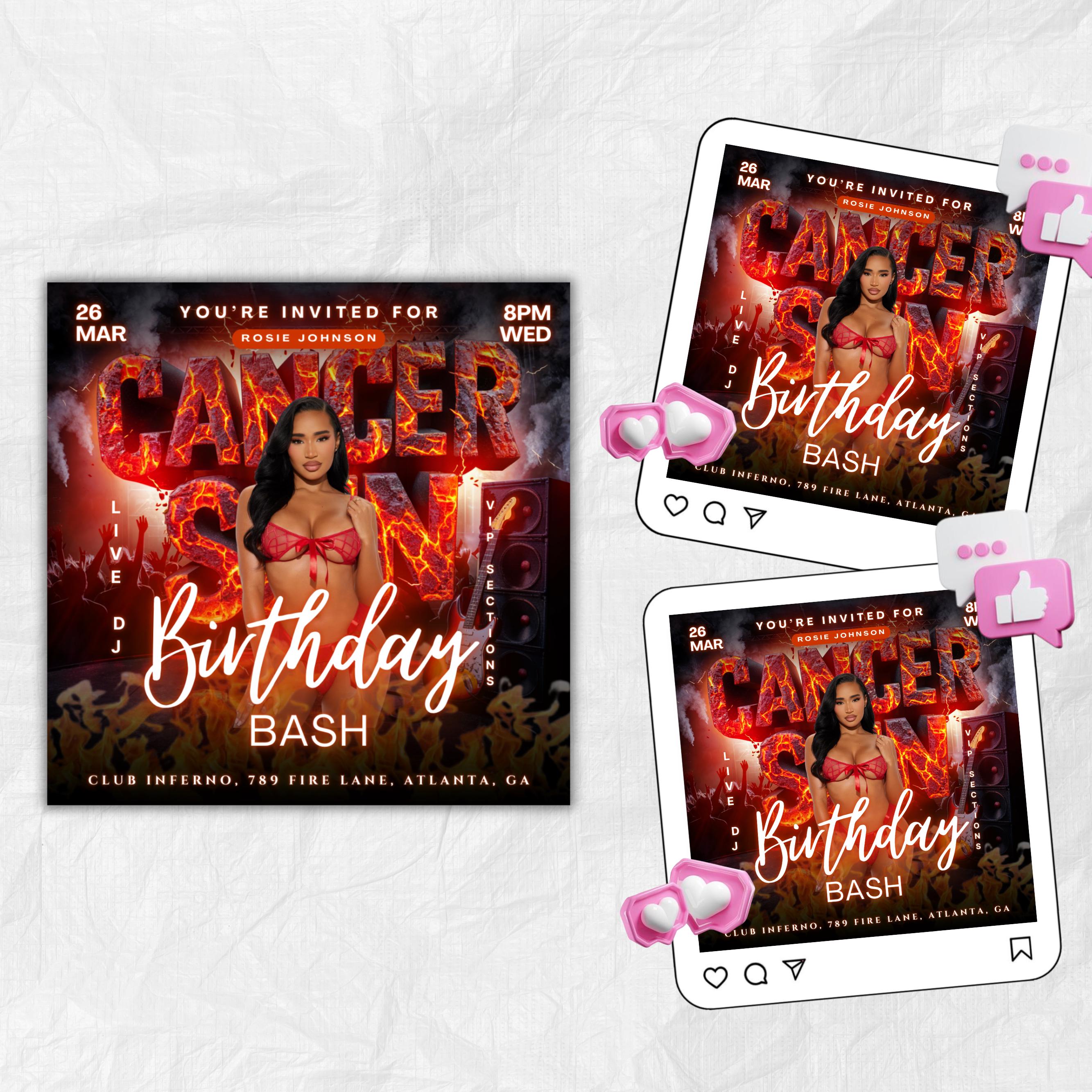 Cancer Season Party Flyer, Birthday Szn Flyer, Cancer Invitation Flyer, Cancer Birthday Event, Social Media Flyer, Premade Flyer Template