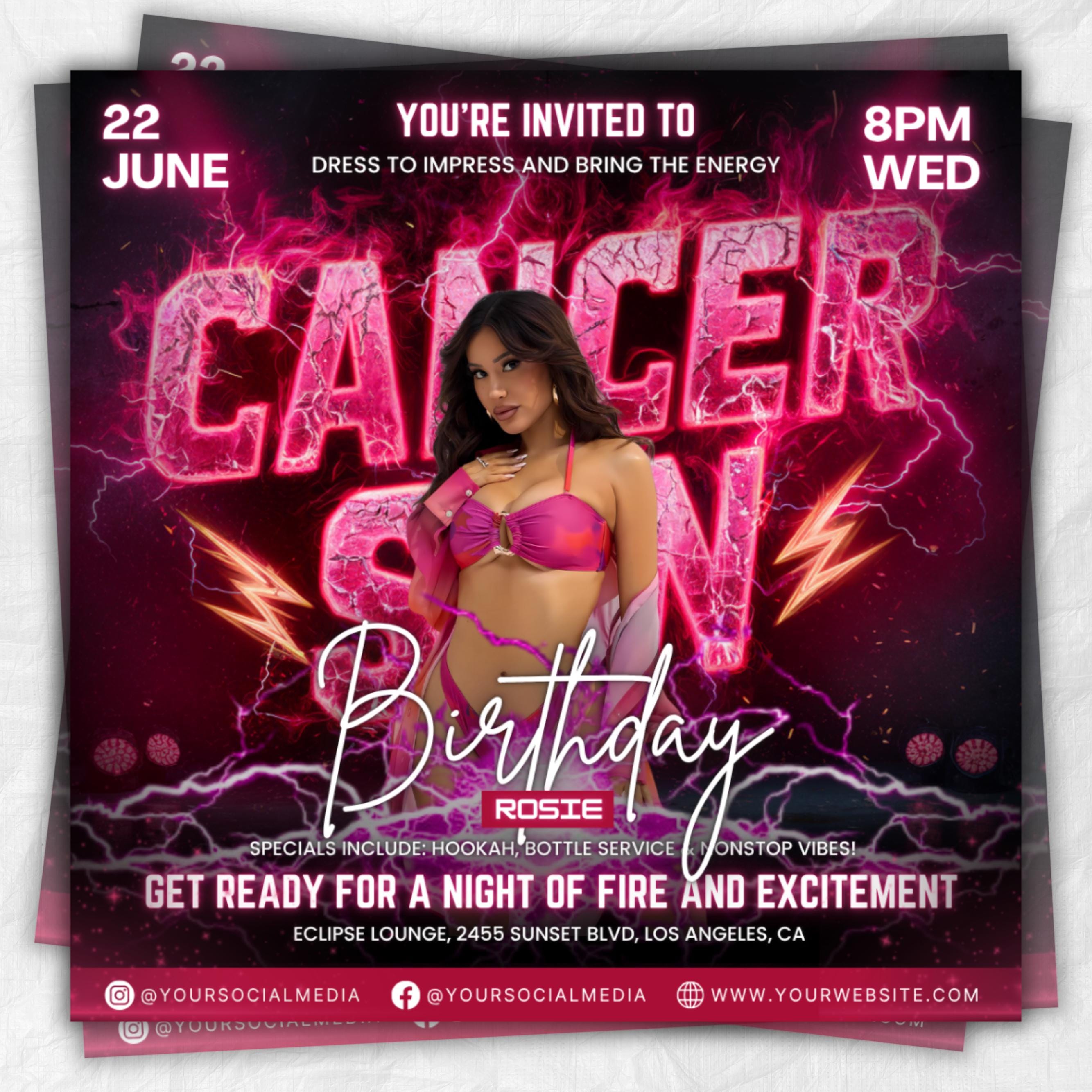 Cancer Season Party Flyer, Birthday Szn Flyer, Cancer Invitation Flyer, Cancer Birthday Event, Social Media Flyer, Premade Flyer Template