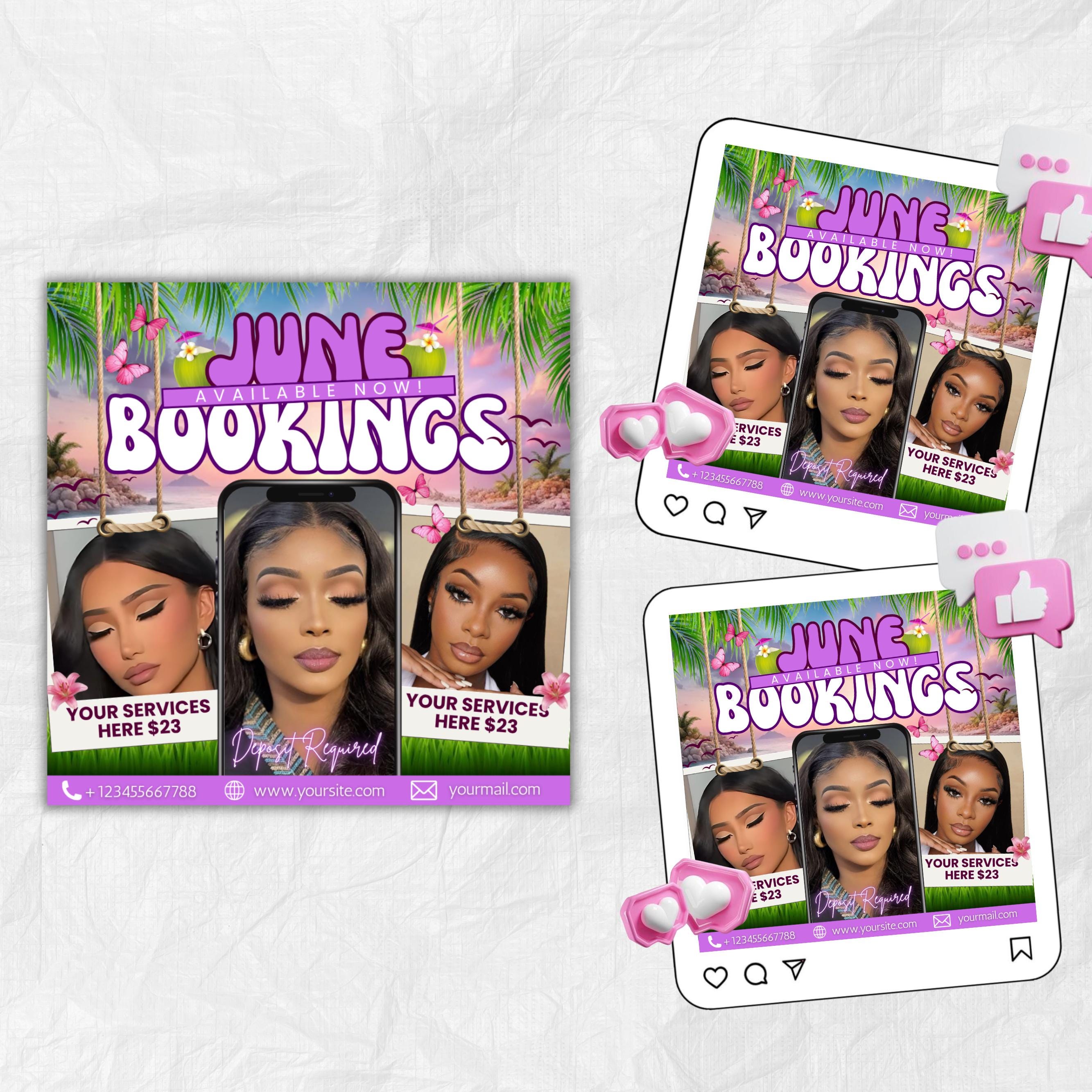 June Booking Flyer, Summer Booking Flyer, June Appointments Available, Summer Sale, Beauty Hair Lashes Wigs Make Up Nails, Canva Editable