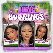 June Booking Flyer, Summer Booking Flyer, June Appointments Available, Summer Sale, Beauty Hair Lashes Wigs Make Up Nails, Canva Editable
