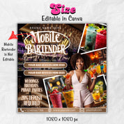 Mobile Bartending Flyer, DIY Mixologist Bartender Drink Services Party Event Planning Rental Social Media Instagram Editable Canva Template