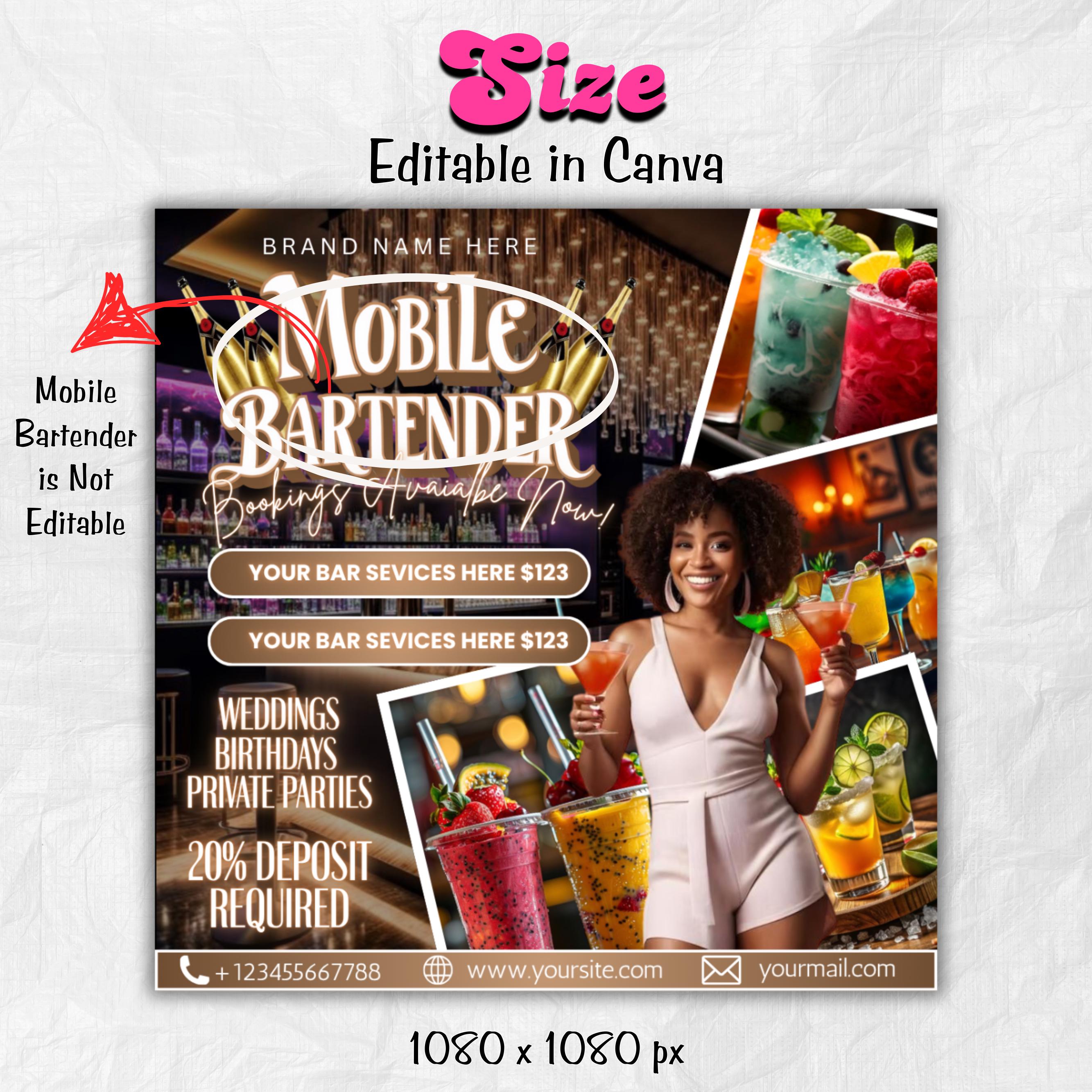 Mobile Bartending Flyer, DIY Mixologist Bartender Drink Services Party Event Planning Rental Social Media Instagram Editable Canva Template