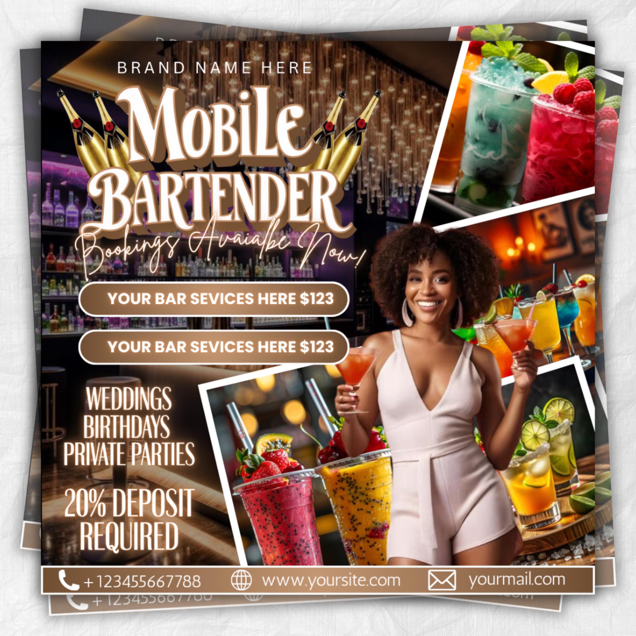 Mobile Bartending Flyer, DIY Mixologist Bartender Drink Services Party Event Planning Rental Social Media Instagram Editable Canva Template