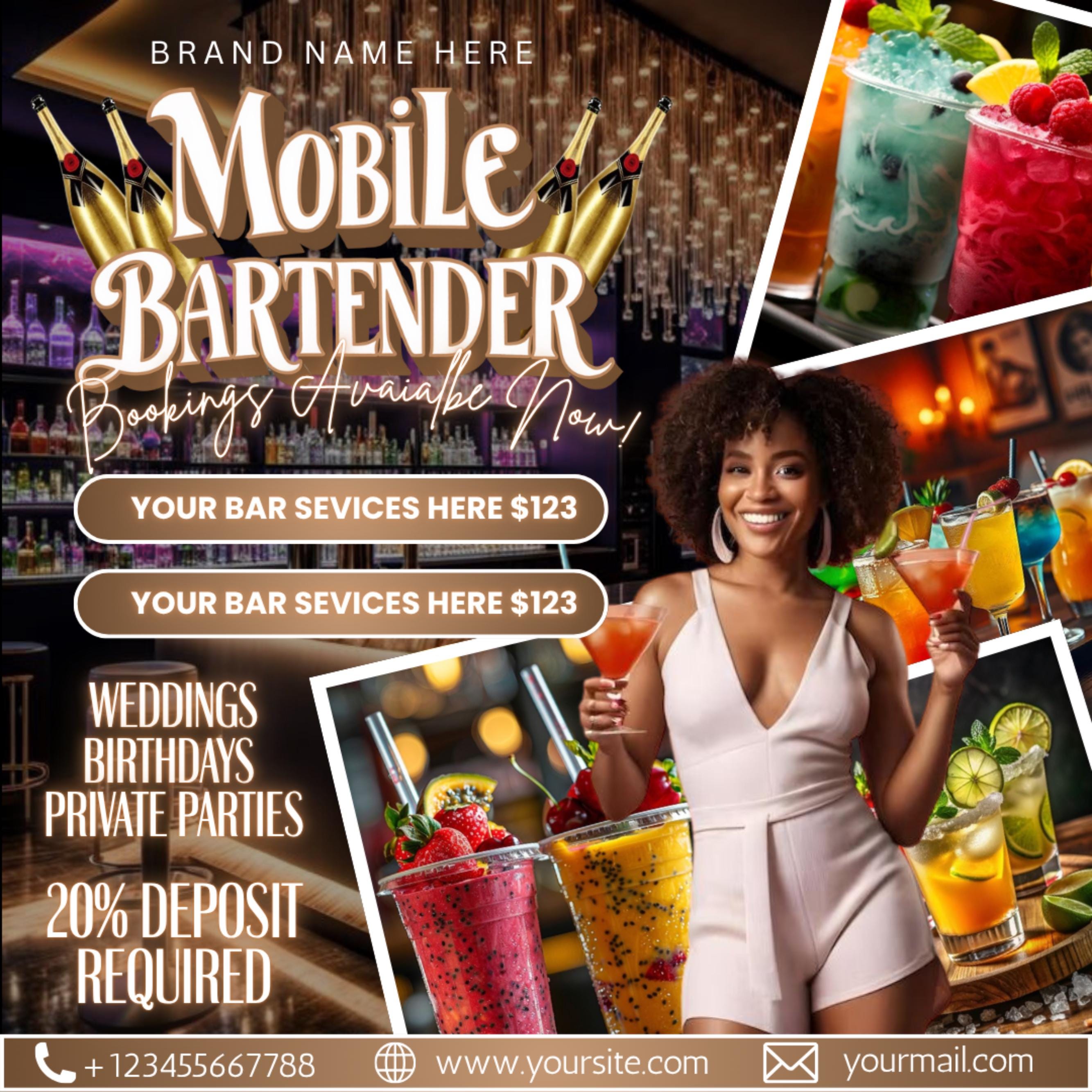 Mobile Bartending Flyer, DIY Mixologist Bartender Drink Services Party Event Planning Rental Social Media Instagram Editable Canva Template