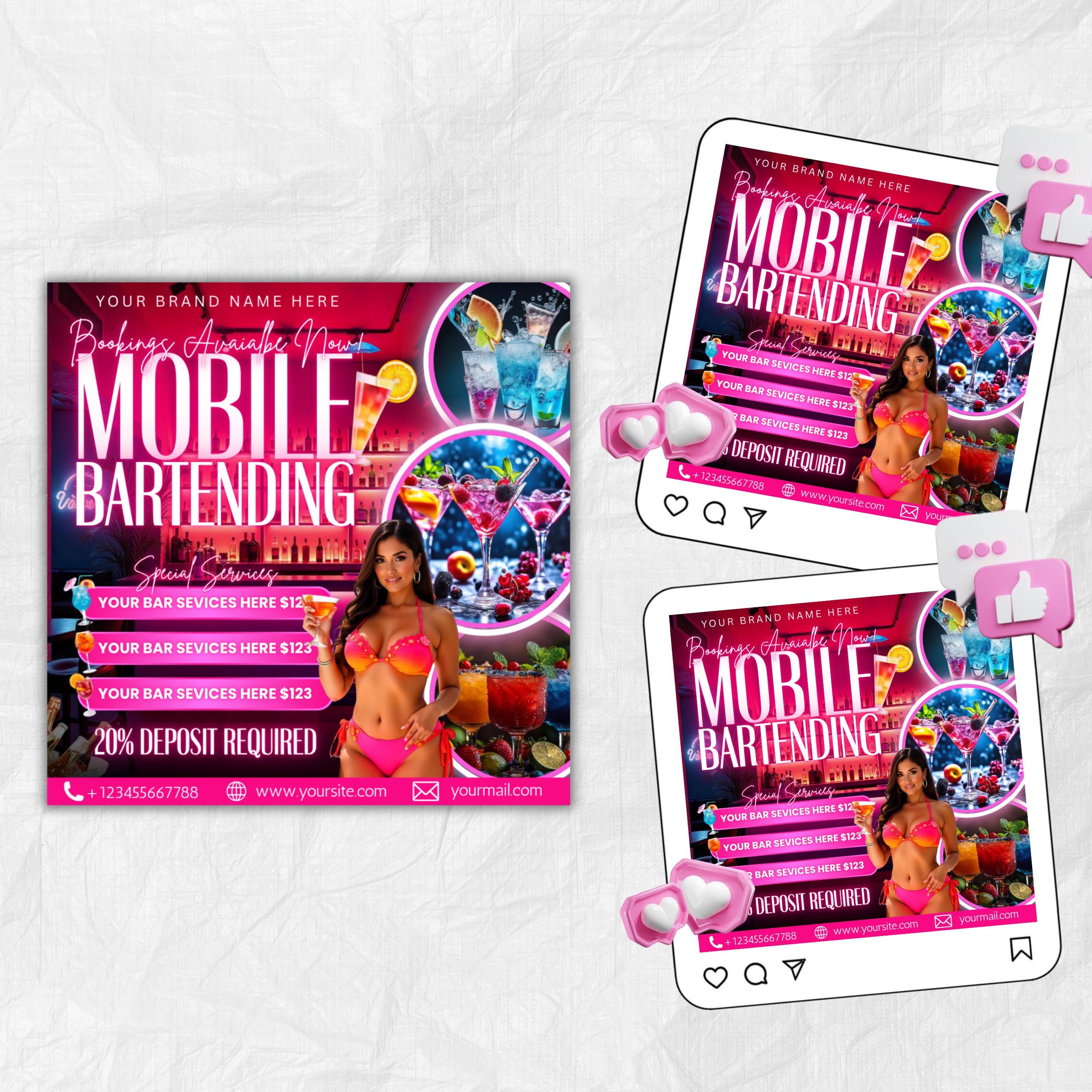 Mobile Bartending Flyer, DIY Mixologist Bartender Drink Services Party Event Planning Rental Social Media Instagram Editable Canva Template
