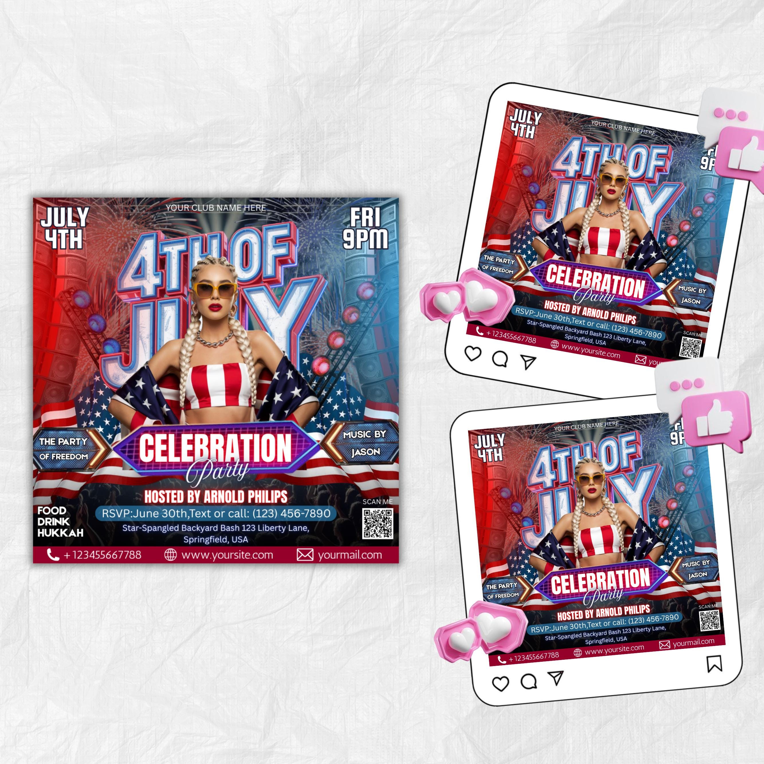 4th of July Flyer, 4th of July Party Flyer, Independence Day Flyer, Social Media Post, Canva Editable Template, Instant Download