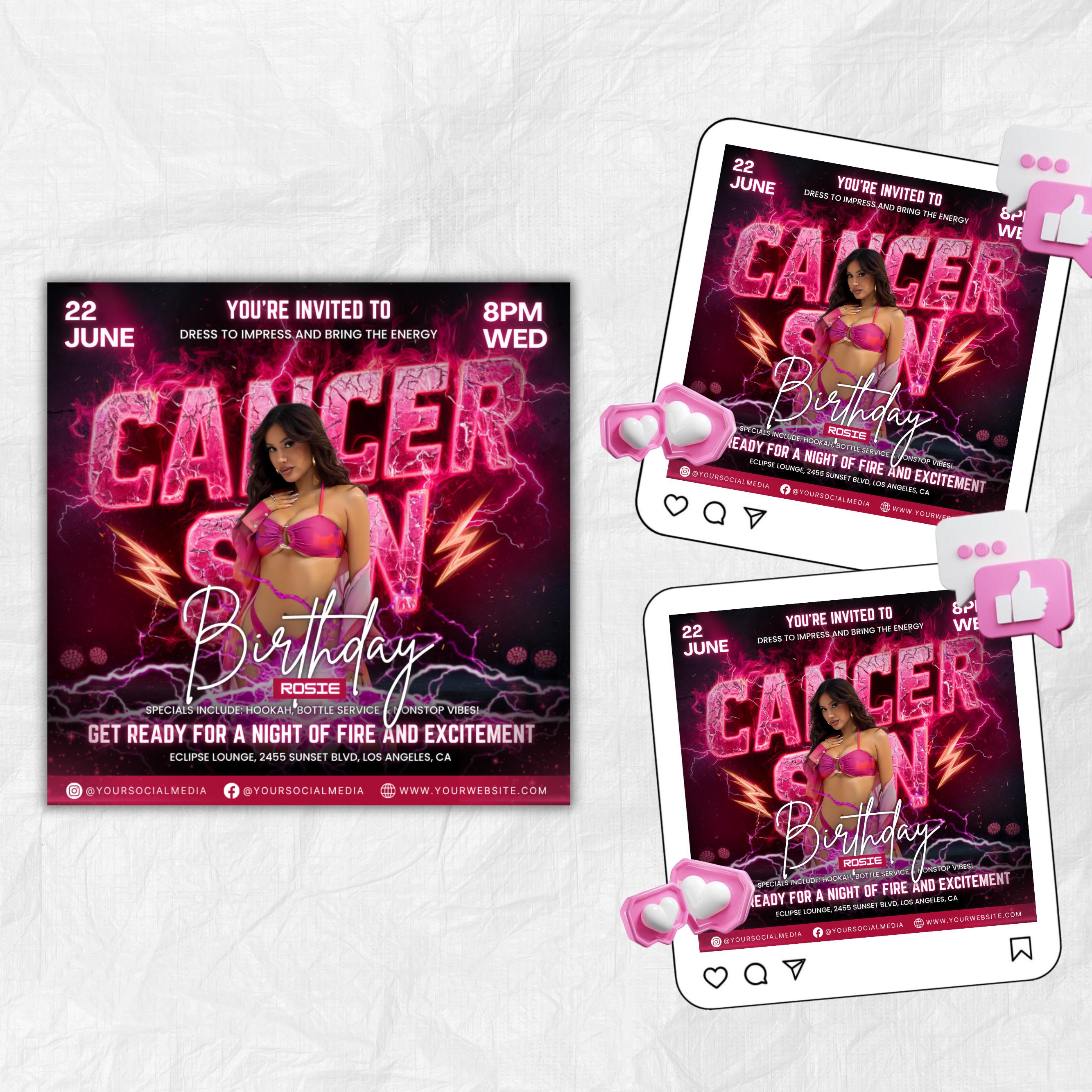 Cancer Season Party Flyer, Birthday Szn Flyer, Cancer Invitation Flyer, Cancer Birthday Event, Social Media Flyer, Premade Flyer Template