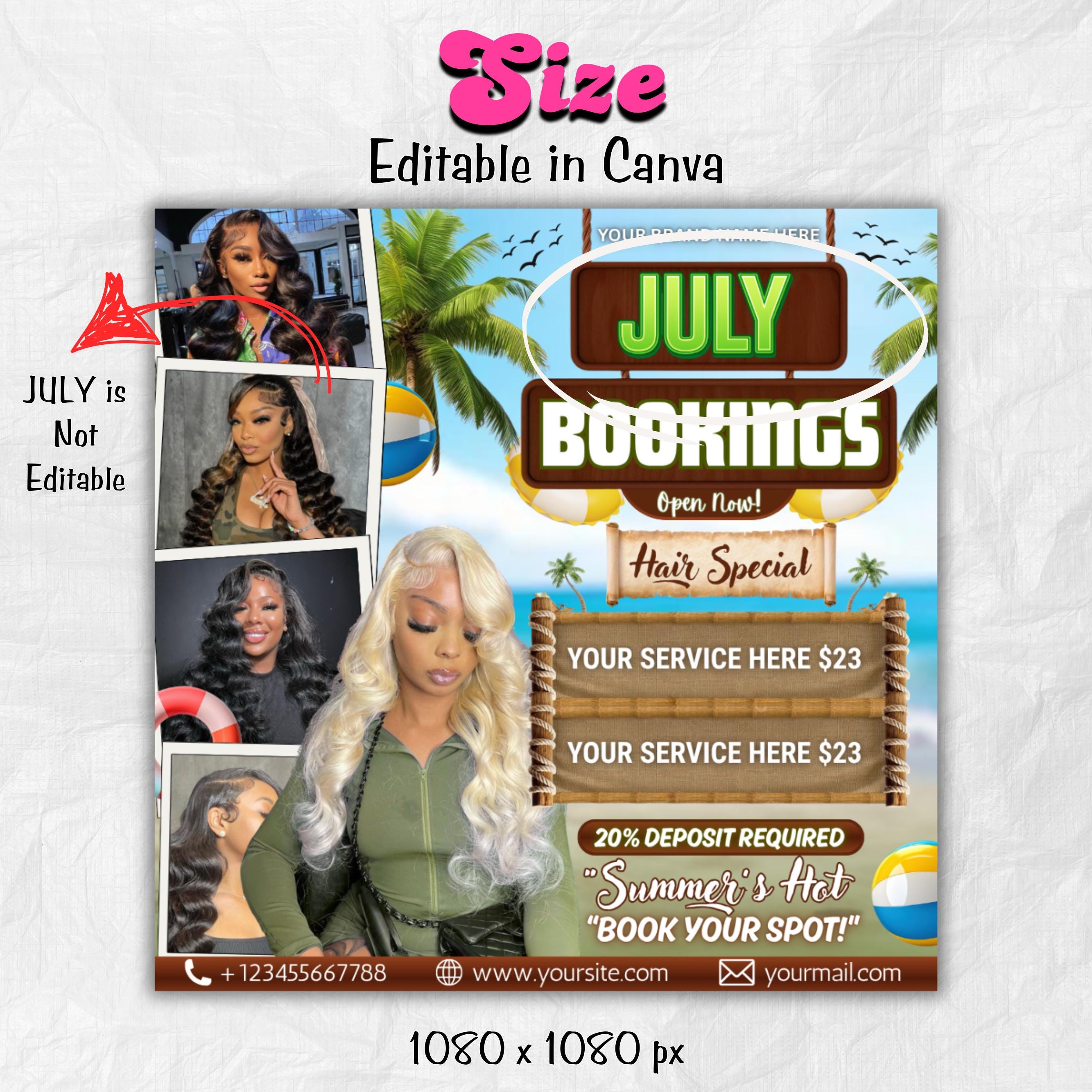 July Booking Flyer, Appointent Available Flyer, DIY Summer Flyer, Hair, Nails, Lash, Social Media Flyer, Canva Template, Instant Download