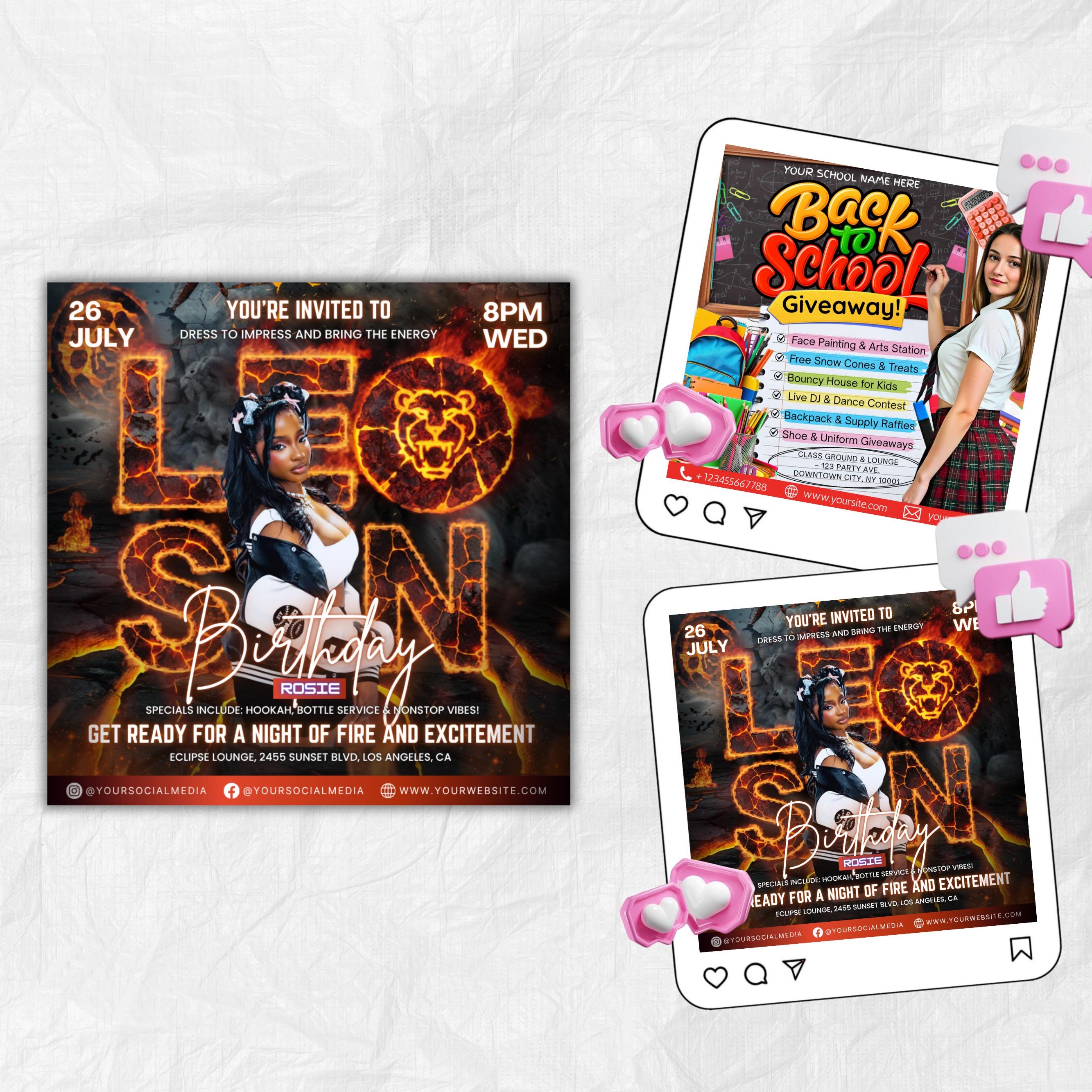 Leo Season Party Flyer, Birthday Szn Flyer, Leo Invitation Flyer, Leo Birthday Event, Social Media Flyer, Premade Flyer Template