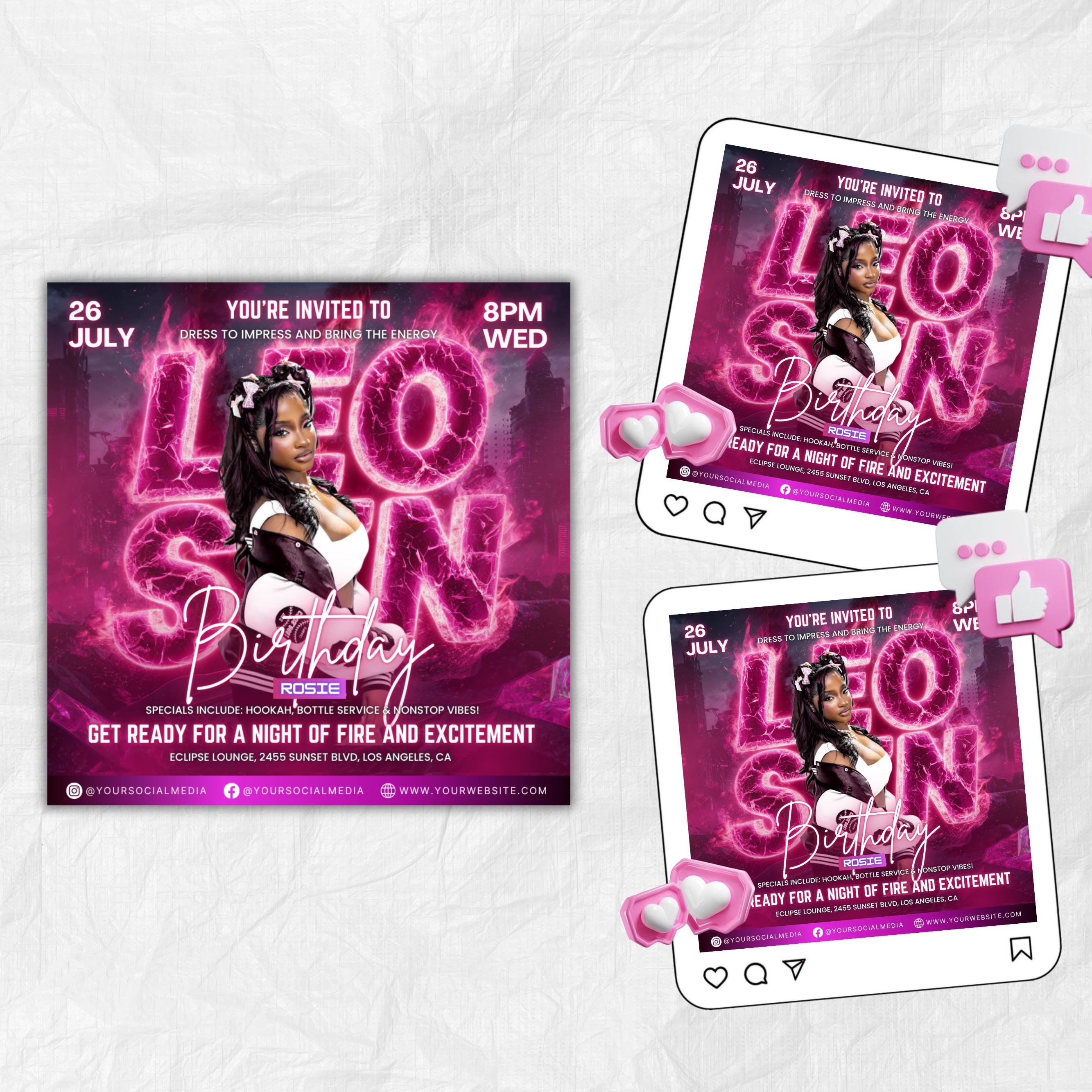 Leo Season Party Flyer, Birthday Szn Flyer, Leo Invitation Flyer, Leo Birthday Event, Social Media Flyer, Premade Flyer Template