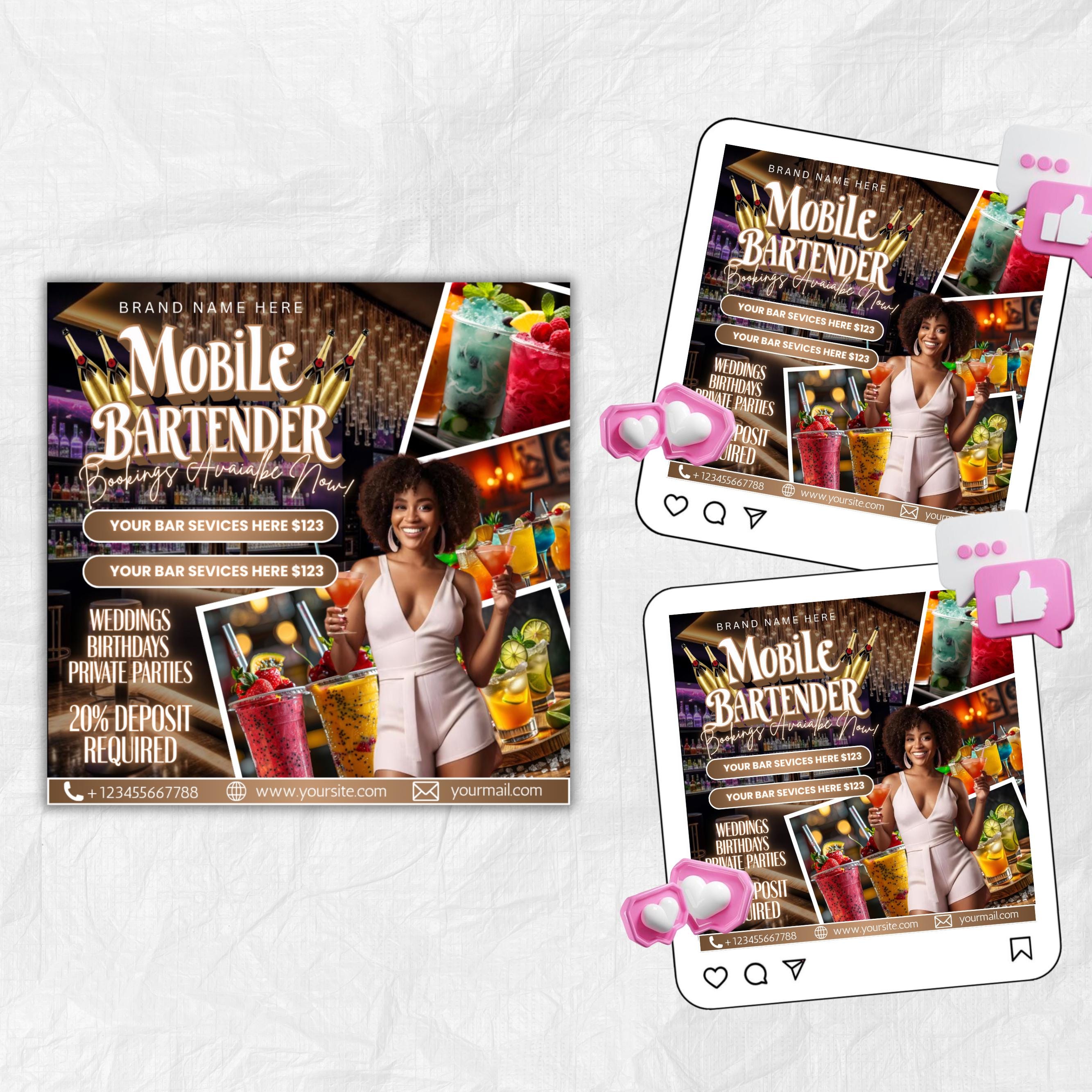 Mobile Bartending Flyer, DIY Mixologist Bartender Drink Services Party Event Planning Rental Social Media Instagram Editable Canva Template