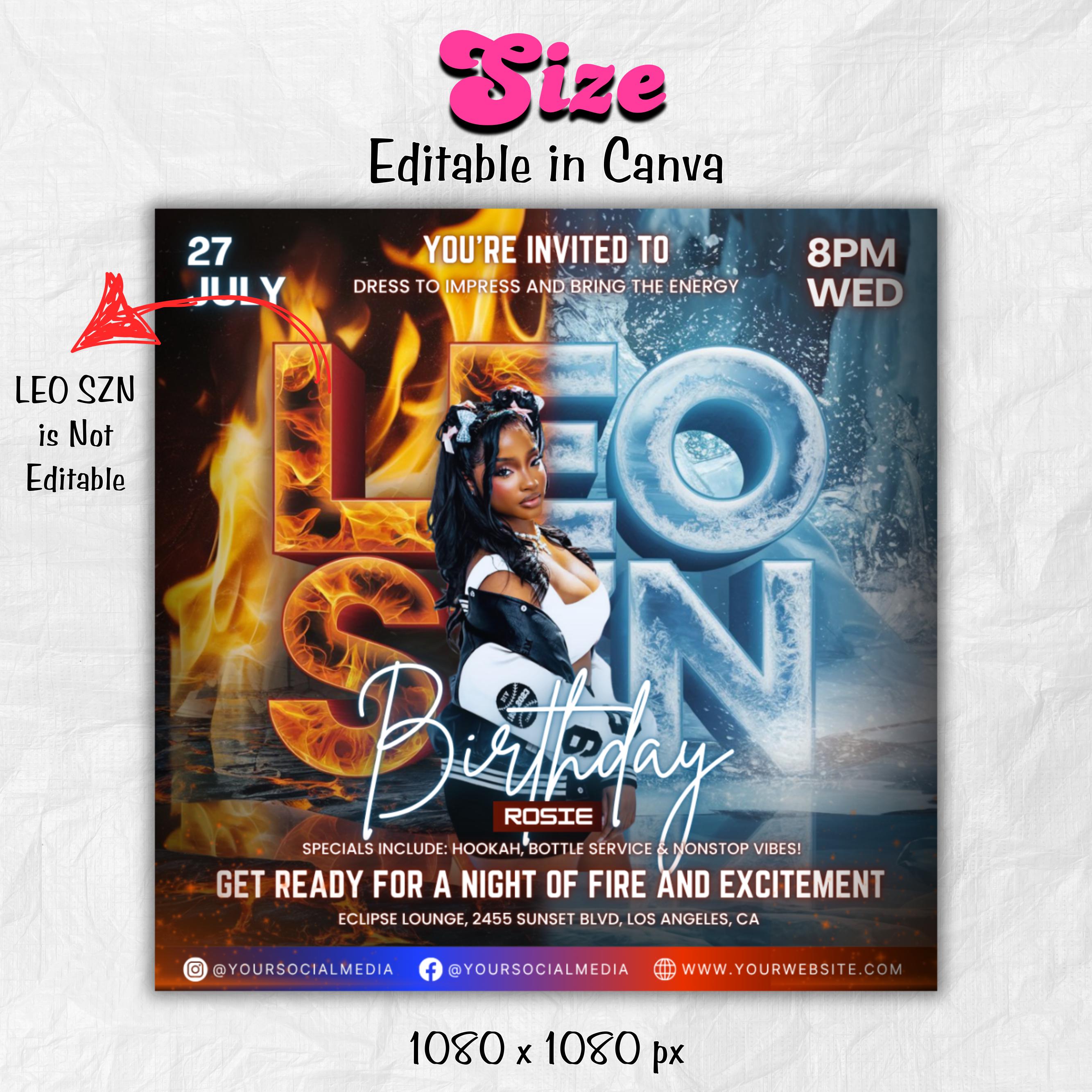 Leo Season Party Flyer, Birthday Szn Flyer, Leo Invitation Flyer, Leo Birthday Event, Social Media Flyer, Premade Flyer Template