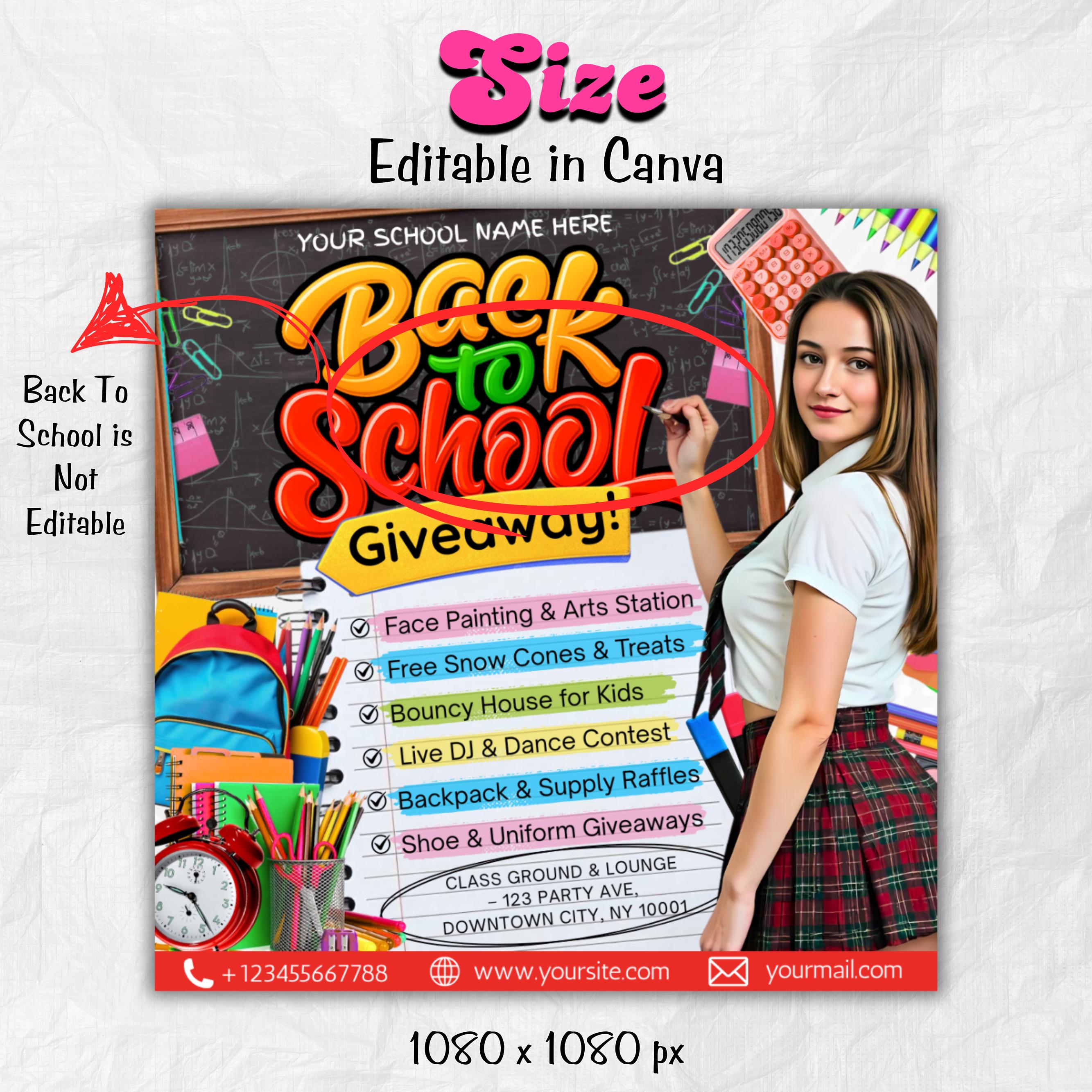 Back To School Flyer Giveaway Flyer, Back to school Supplies flyer, DIY canva template, Back 2 School Flyer, Giveaway Special Flyer Canva