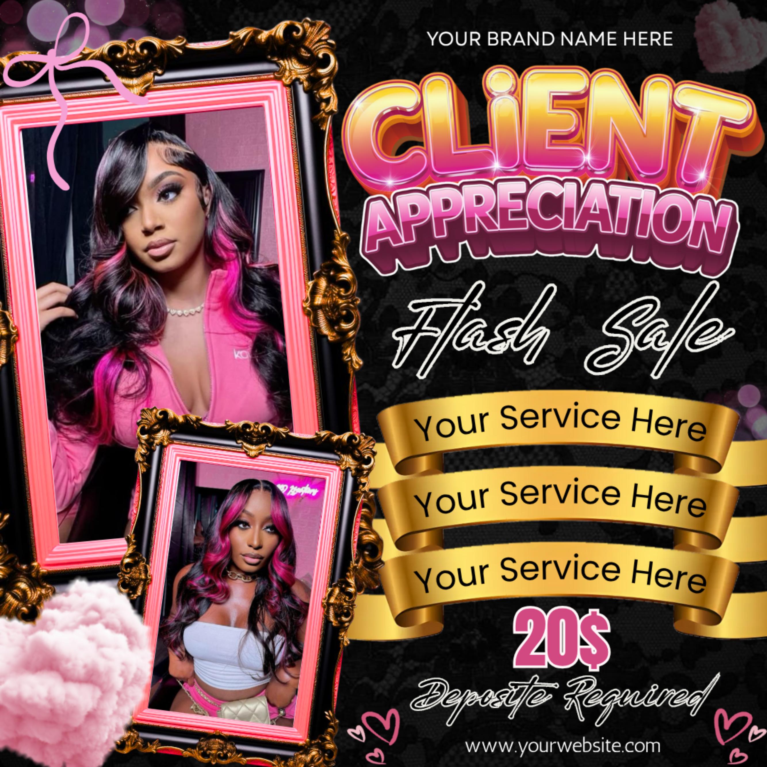 Client Appreciation Flyer, Client Appreciation Sale Flyer, Book Now Flyer, Hairstylist Flyer Nail Lash Tech, Wigs Braid Flyer Canva Template
