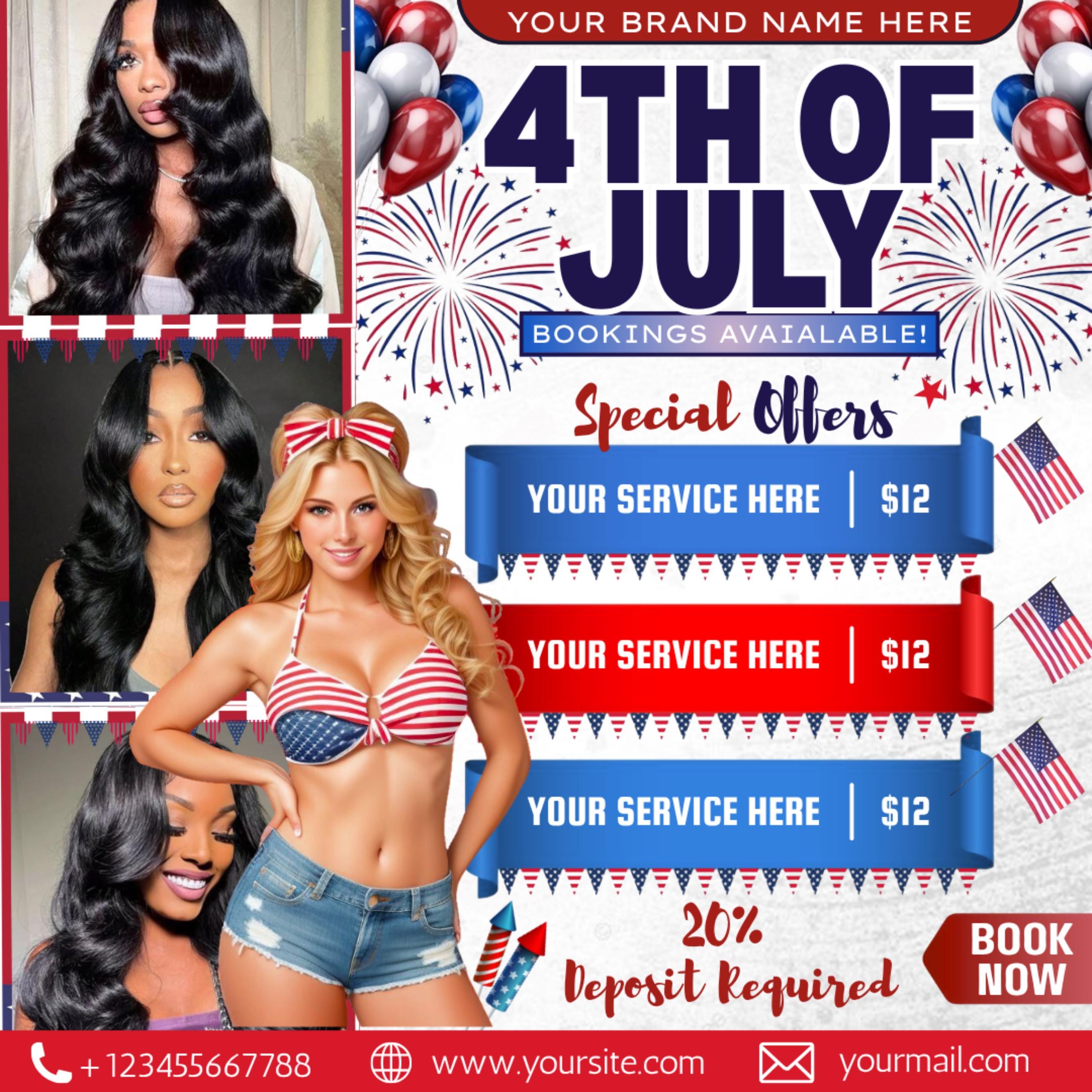4th of July Booking Flyer, 4th of July Makeup Deals Flyer, Independence Day Flyer, Appointent Available, Social Media Post, Canva Editable