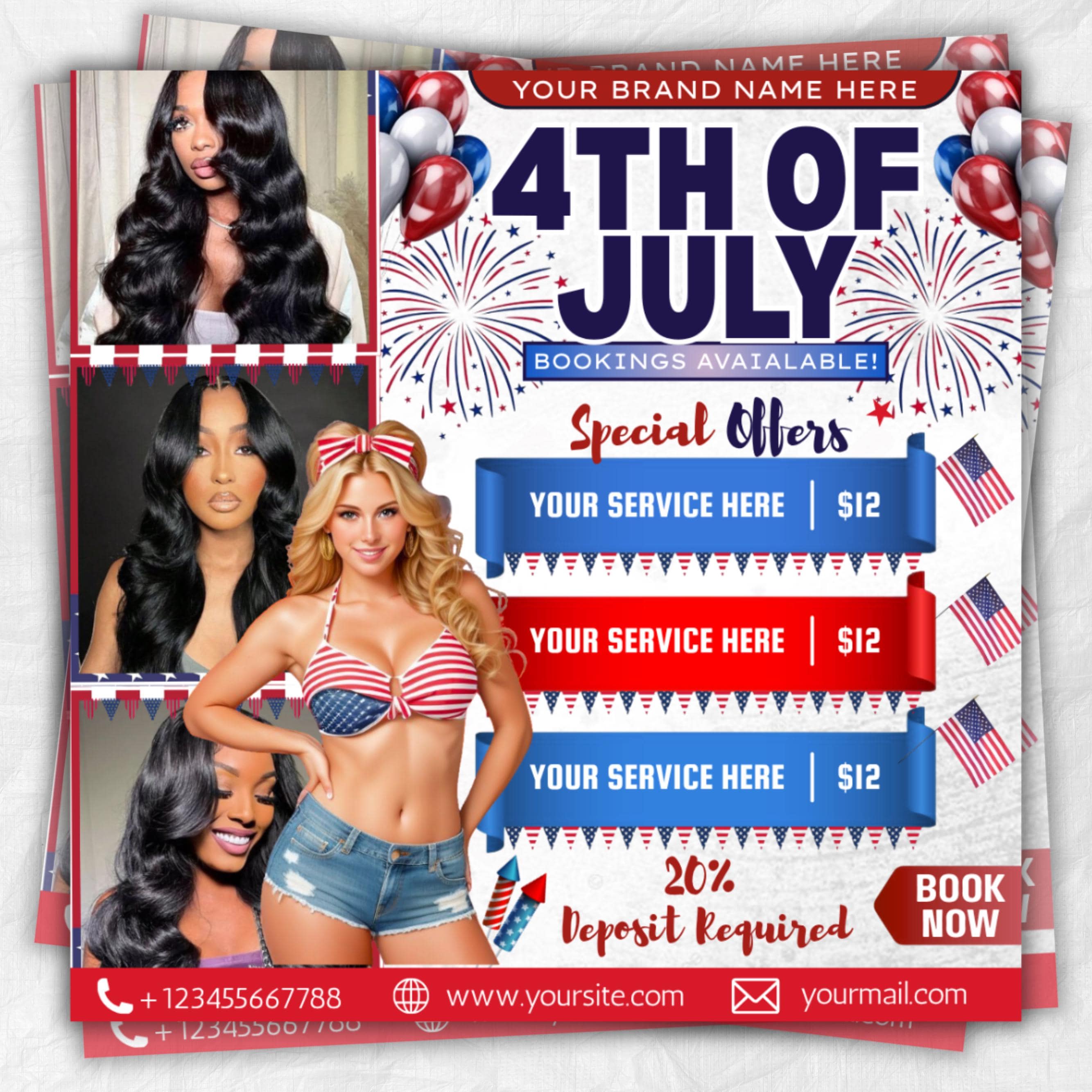 4th of July Booking Flyer, 4th of July Makeup Deals Flyer, Independence Day Flyer, Appointent Available, Social Media Post, Canva Editable