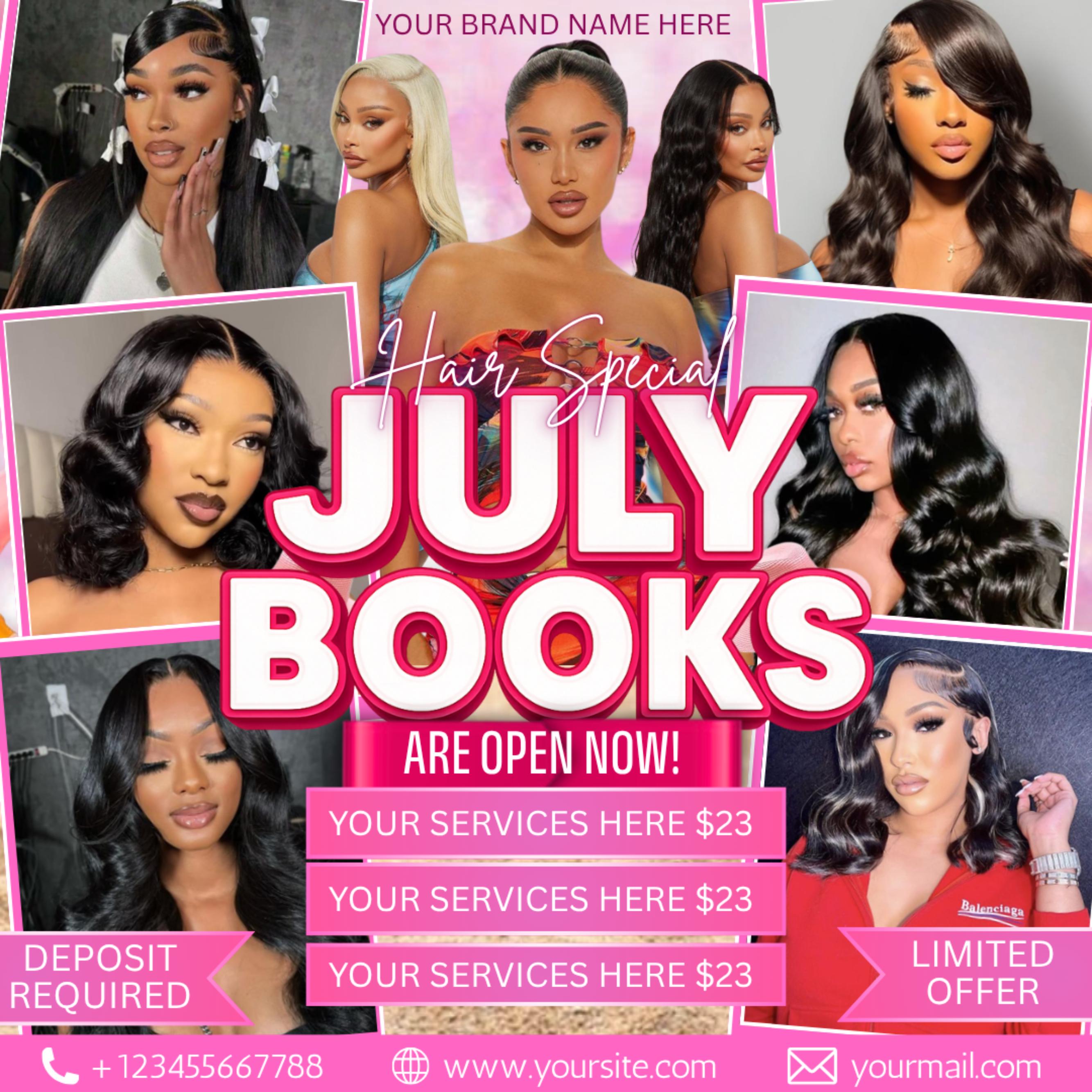 July Booking Flyer, Appointent Available Flyer, DIY Summer Flyer, Hair, Nails, Lash, Social Media Flyer, Canva Template, Instant Download