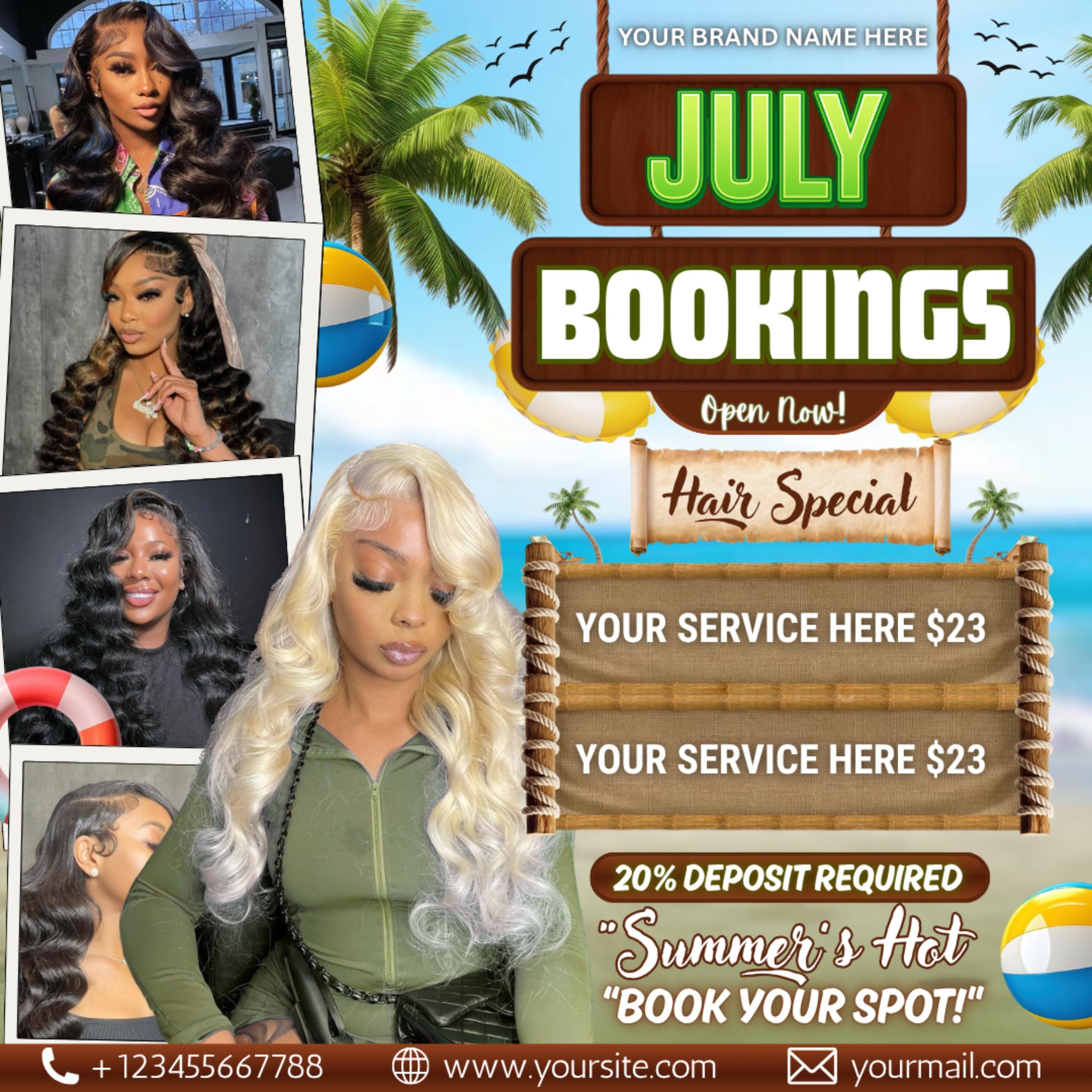 July Booking Flyer, Appointent Available Flyer, DIY Summer Flyer, Hair, Nails, Lash, Social Media Flyer, Canva Template, Instant Download