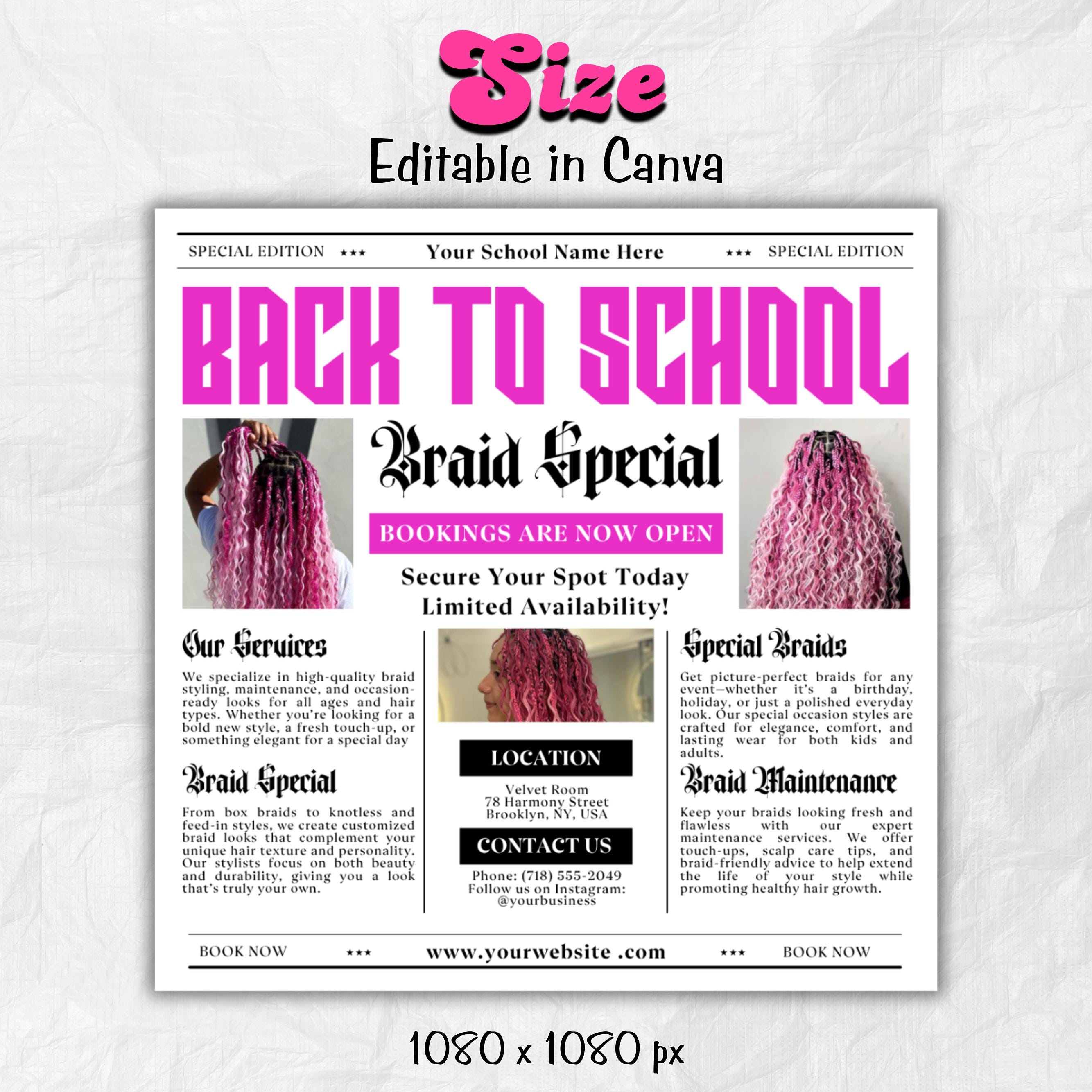 Back To School Flyer, Back to school sale flyer, Back to school Hair flyer, DIY canva template, Back 2 School Flyer, Braid Special Flyer