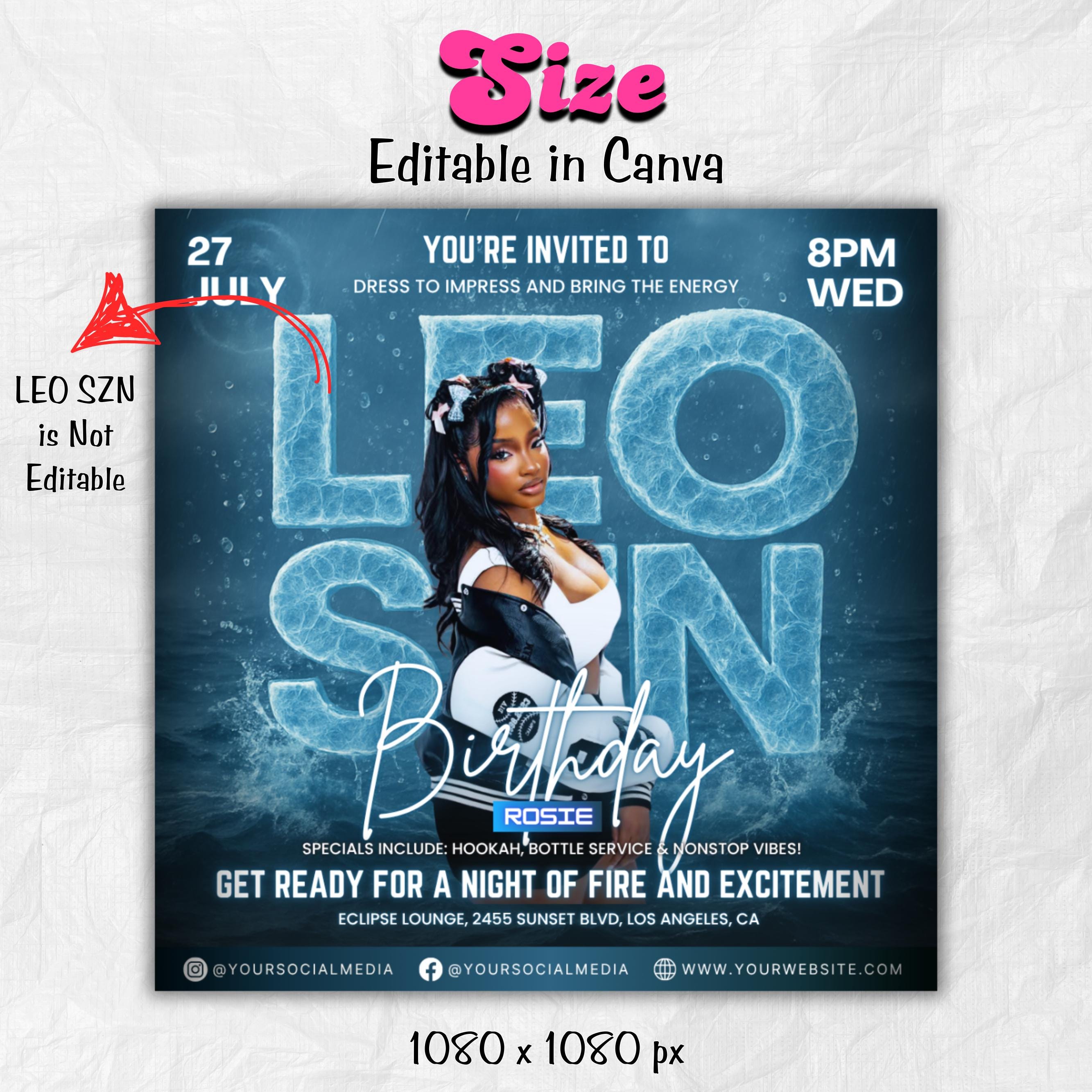 Leo Season Party Flyer, Birthday Szn Flyer, Leo Invitation Flyer, Leo Birthday Event, Social Media Flyer, Premade Flyer Template
