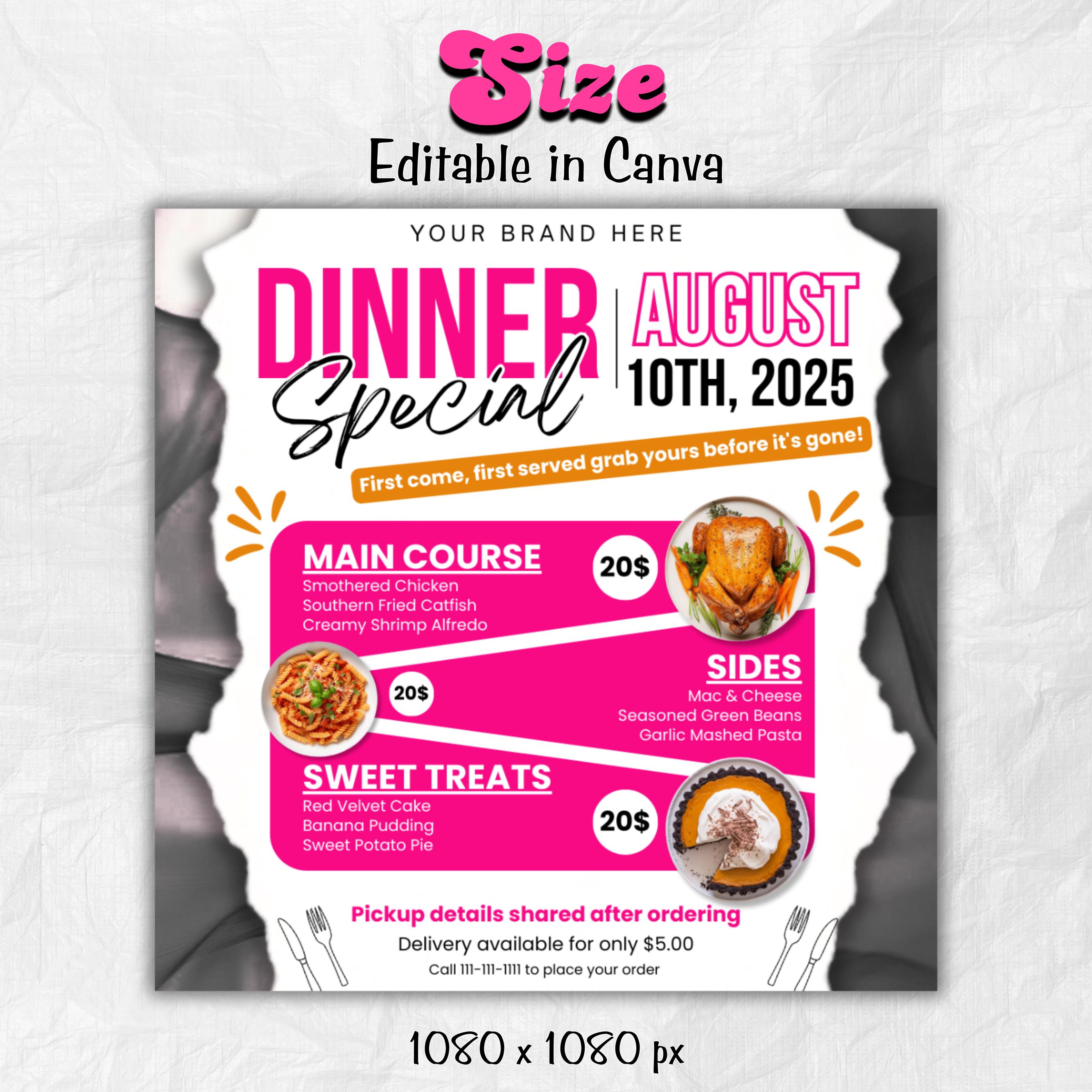 Dinner Sale Flyer, Sunday deal Special Flyer Restaurant Food menu business flyer, Editable Flyer Canva Template, Dinner special Flyer
