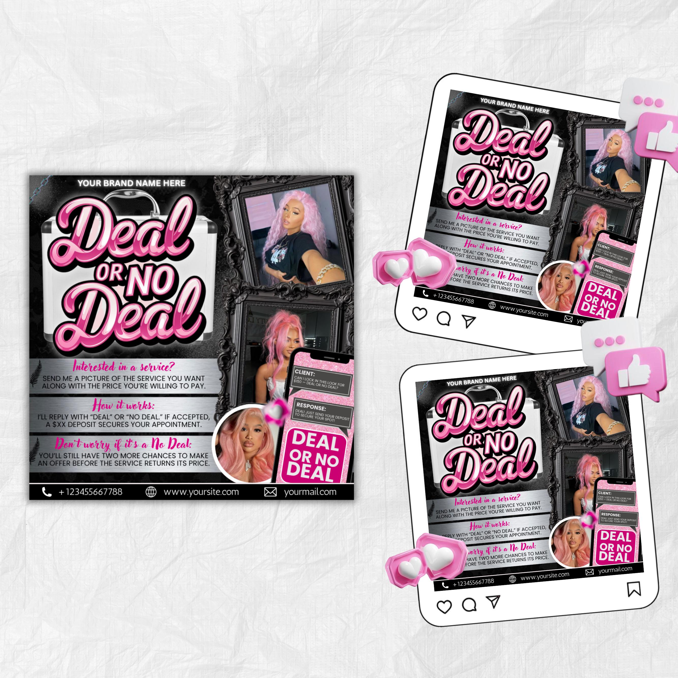 Deal Or No Deal Flyer, Deal or No Deal Hair Nails Lash Braids Makeup MUA Wig Flyer, August Booking Flyer, Canva Editable, Instant Download