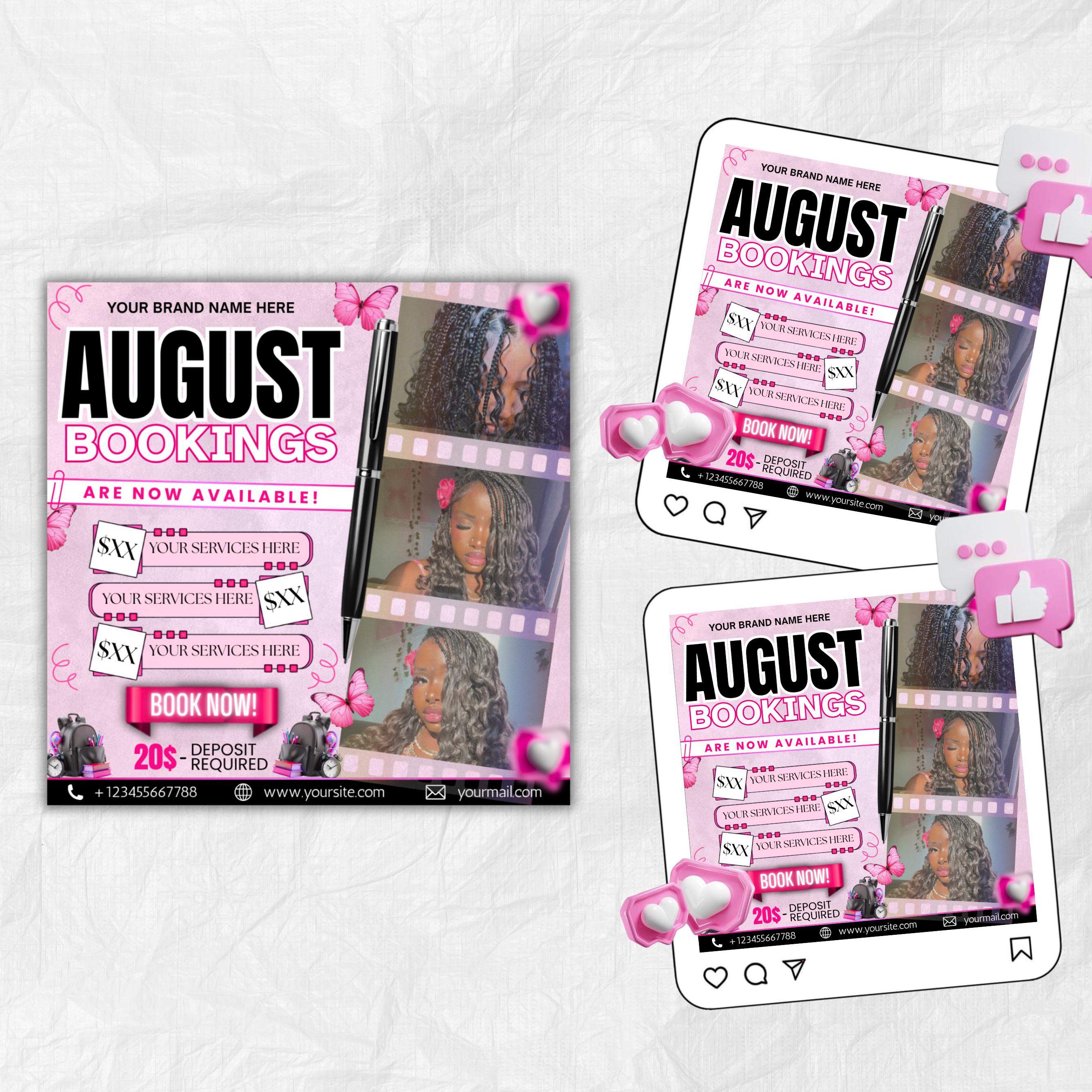 August Bookings Flyer, August Bookings Available, Hair Flyer, August Appointment Flyer, August Calendar Flyer, Makeup, Booking Flyer