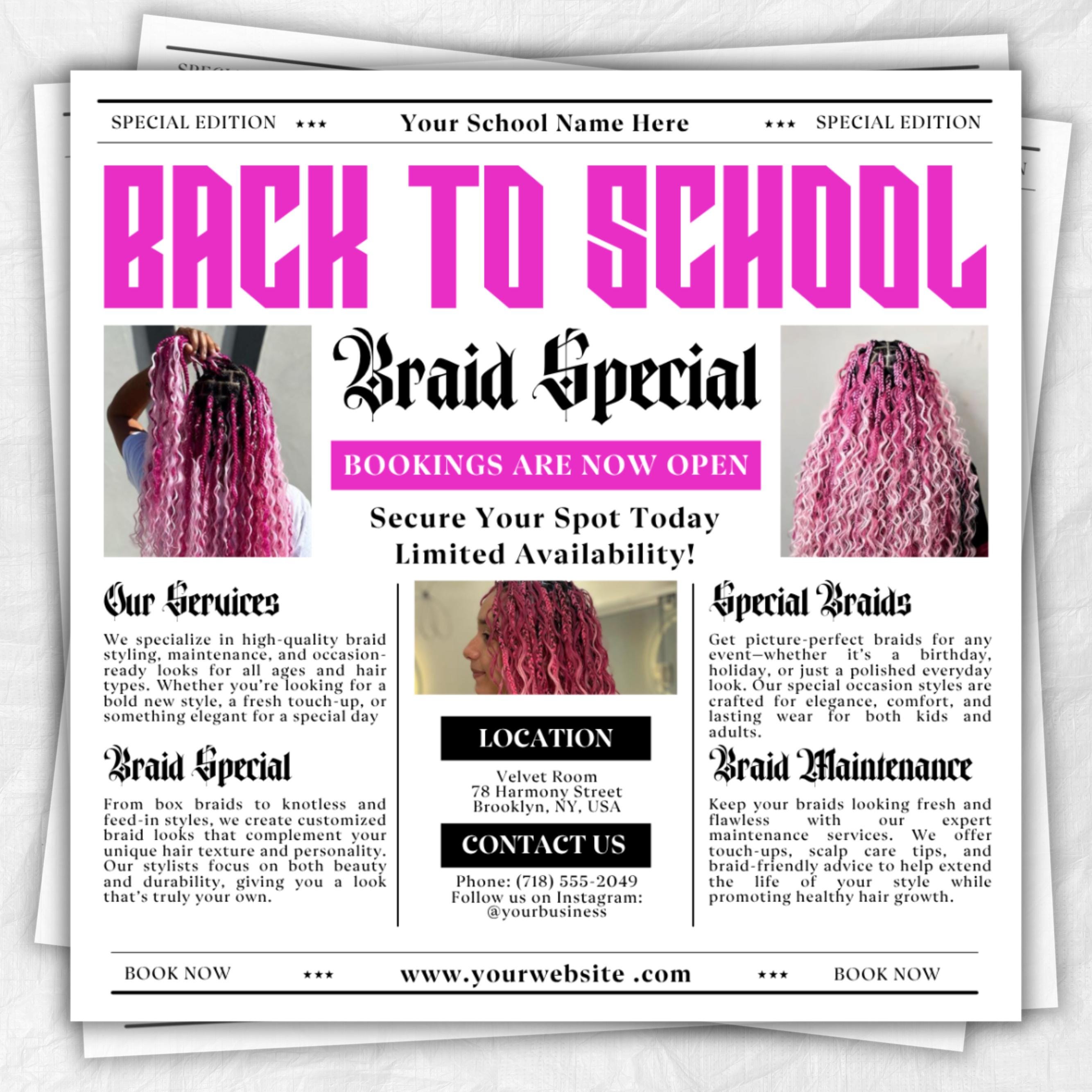 Back To School Flyer, Back to school sale flyer, Back to school Hair flyer, DIY canva template, Back 2 School Flyer, Braid Special Flyer