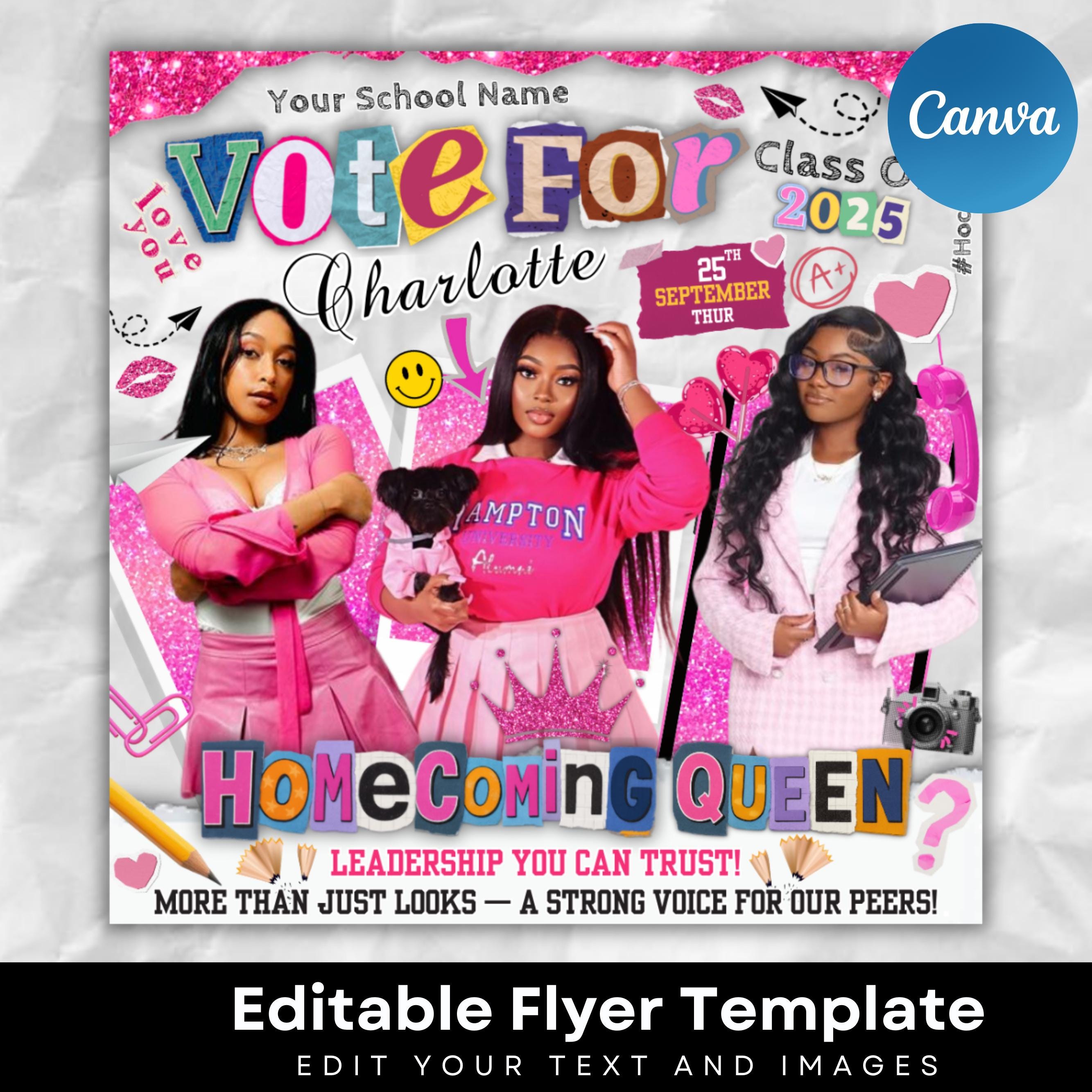 Pink Homcoming Flyer For Queen,Vote For Homecoming Queen Flyer,Homecoming Class Campaign Flyer,Editable Homecoming HighSchool Election Flyer
