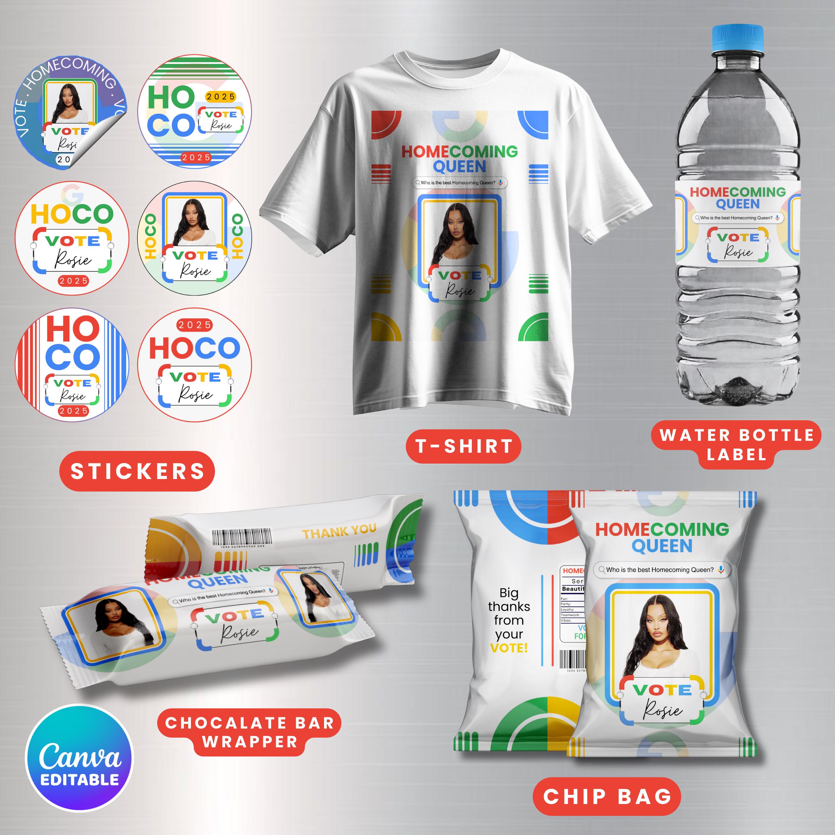 Vote Homecoming Queen Campaign Bundle, Google Theme Homecoming Class campaign,Homecoming Chip Bag,Candy Card Lollipop Tag,Hoco Campaign Idea