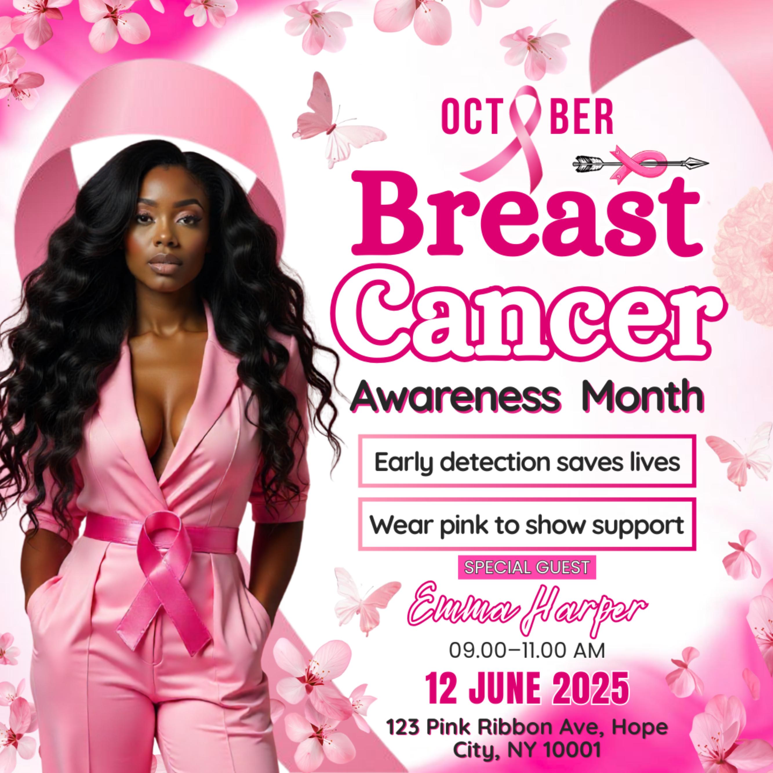 Breast Cancer Awareness Flyer, Pink Breast Cancer Event Flyer, Editable Pinktober Fundraising Flyer,Stronger Than Cancer Charity Event Flyer