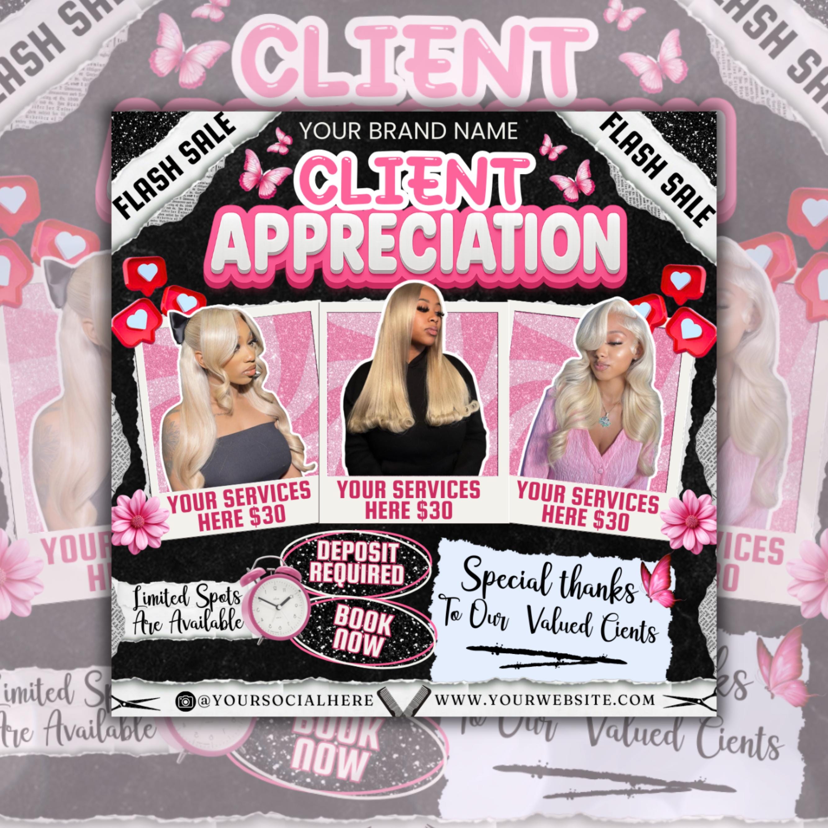 Client Appreciation Flyer, Client Appreciation Sale Flyer, Book Now Flyer, Hairstylist Flyer Nail Lash Tech, Wigs Braid Flyer Canva Template